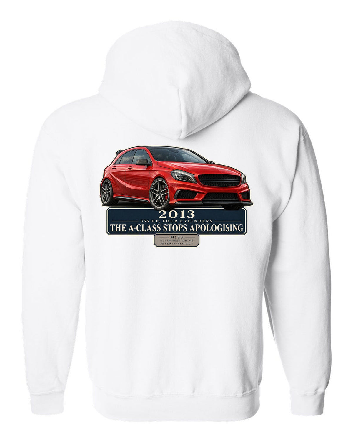 Mercedes-AMG A45 W176 chback editorial headline print white zip hoodie back view with the design