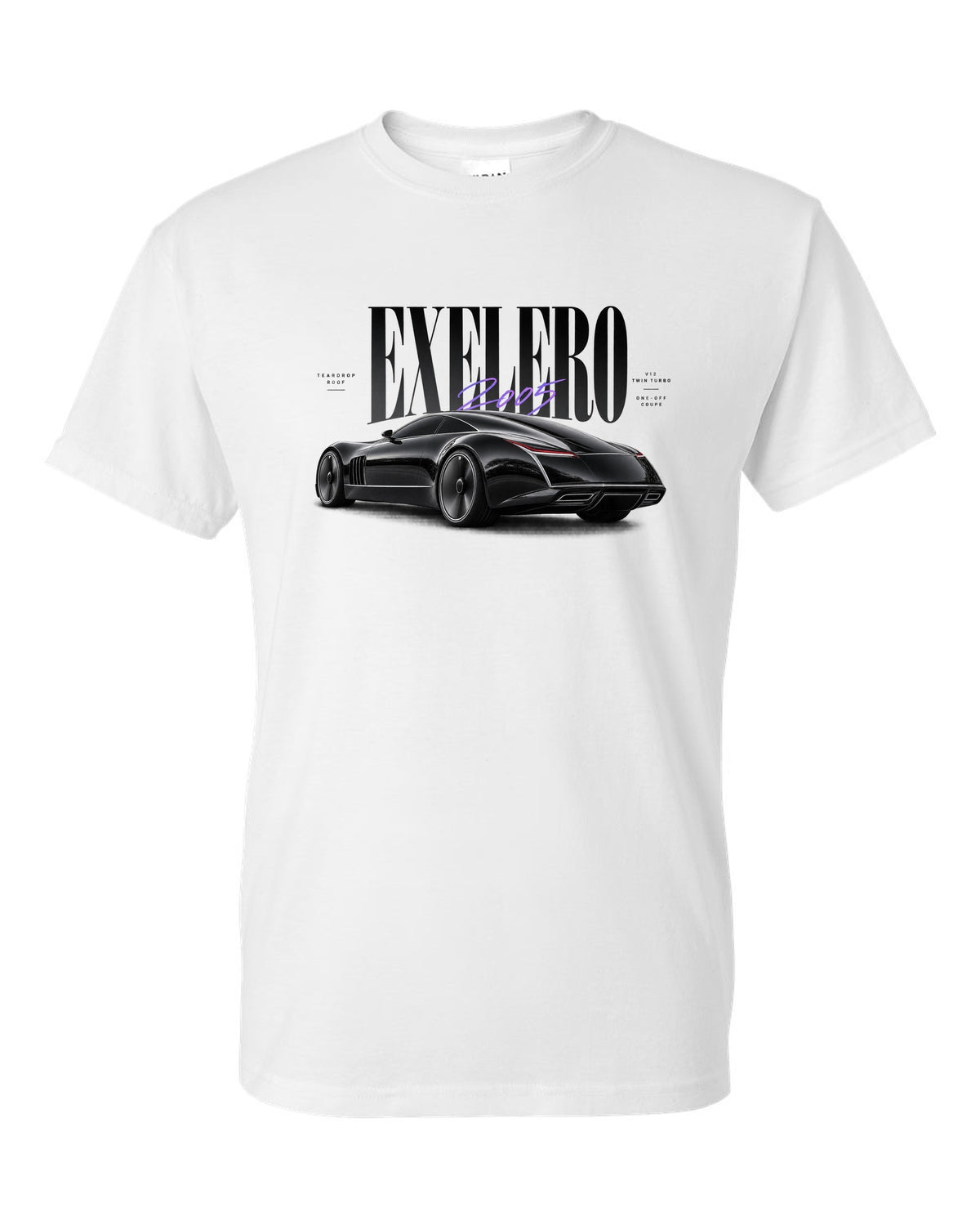 Editorial print of the Maybach Exelero one-off with Exelero 2005 Teardrop Roof lettering white t-shirt front view with the design