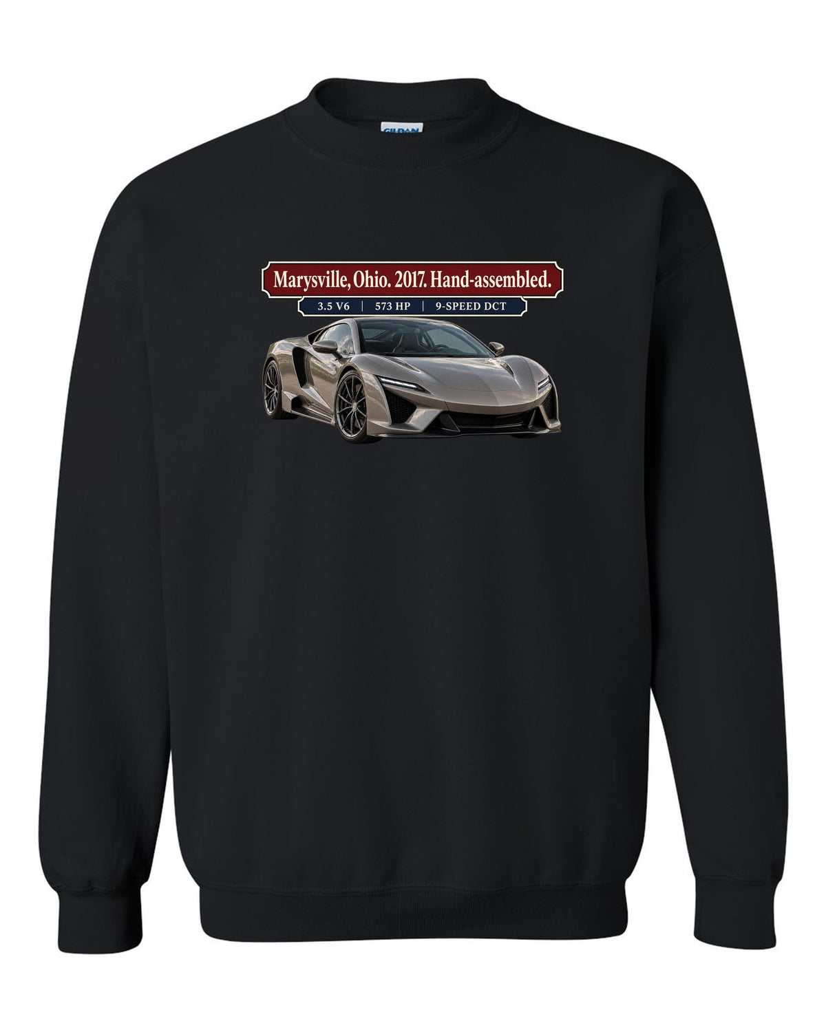 Archive panel print of a 2017 Acura NSX NC1 launch car in warm grey black crewneck front view with the design
