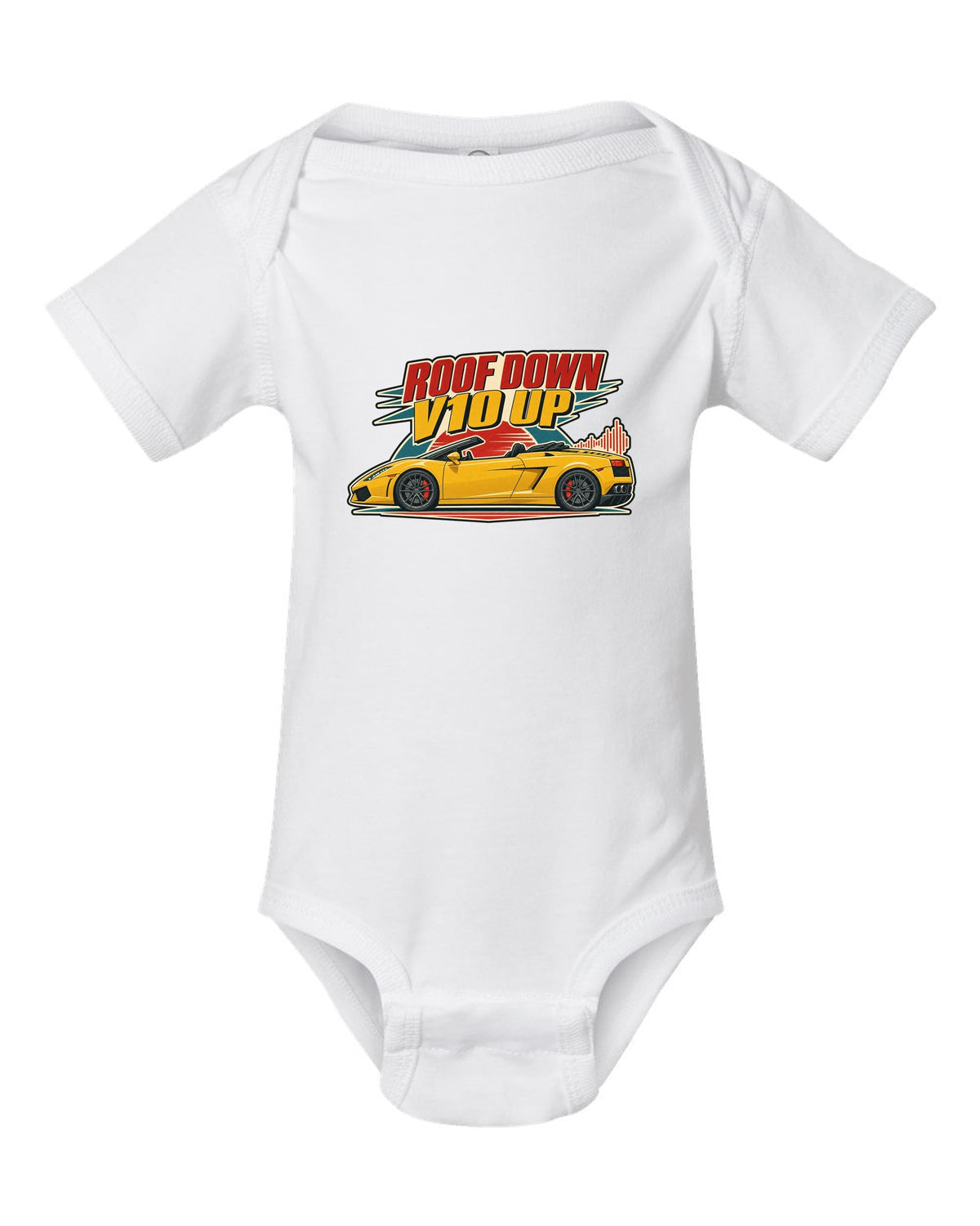 Vintage 1960s lithograph poster of a Lamborghini Gallardo Spyder LP560-4 with the text ROOF DOWN / V10 UP white baby onesie front view with the design