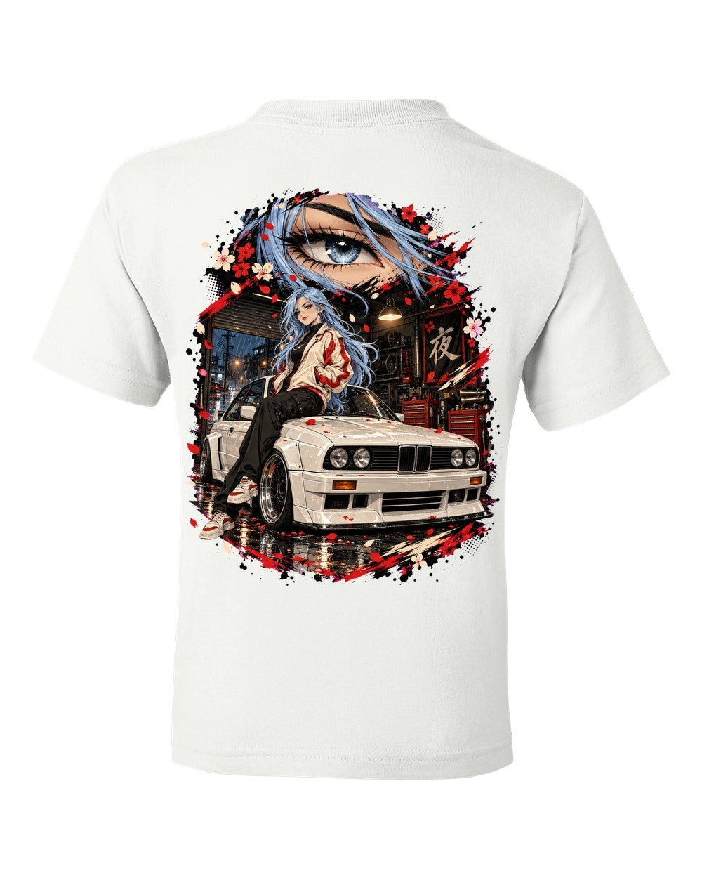 BMW M3 E30 Anime Girl Kids Tee White back