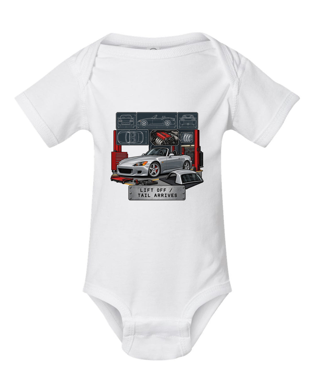Spec sheet data plate print of a 1999 Honda S2000 AP1 roadster with lift off tail arrives text white baby onesie front view with the design
