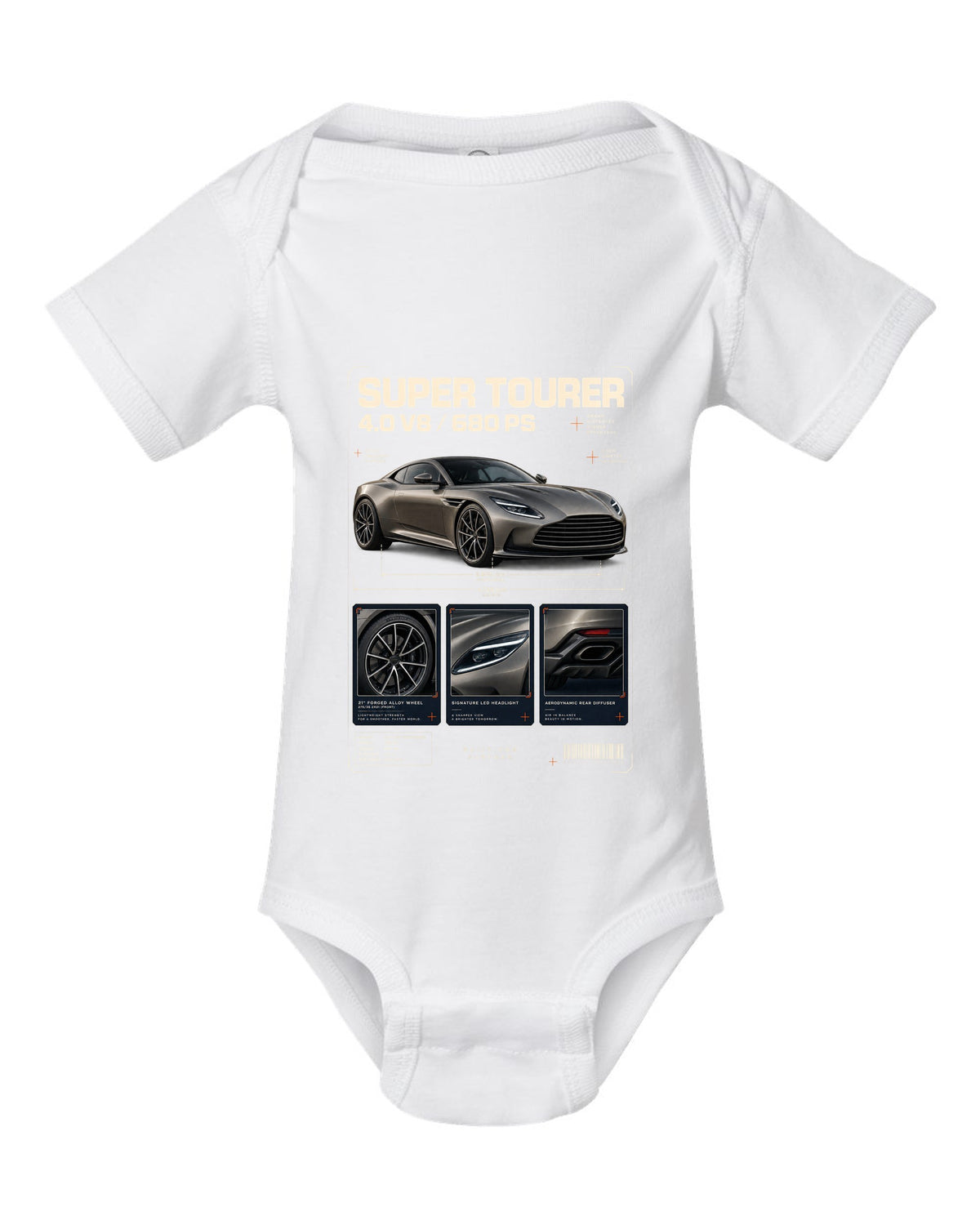 Aston Martin DB12 2023 dossier panels print with super tourer 4.0 V8 680 PS text white baby onesie front view with the design