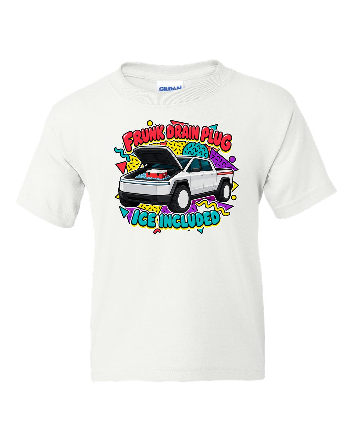 Ford F-150 Lightning retro sticker sheet print about the frunk drain plug and ice white kids tee front view with the design