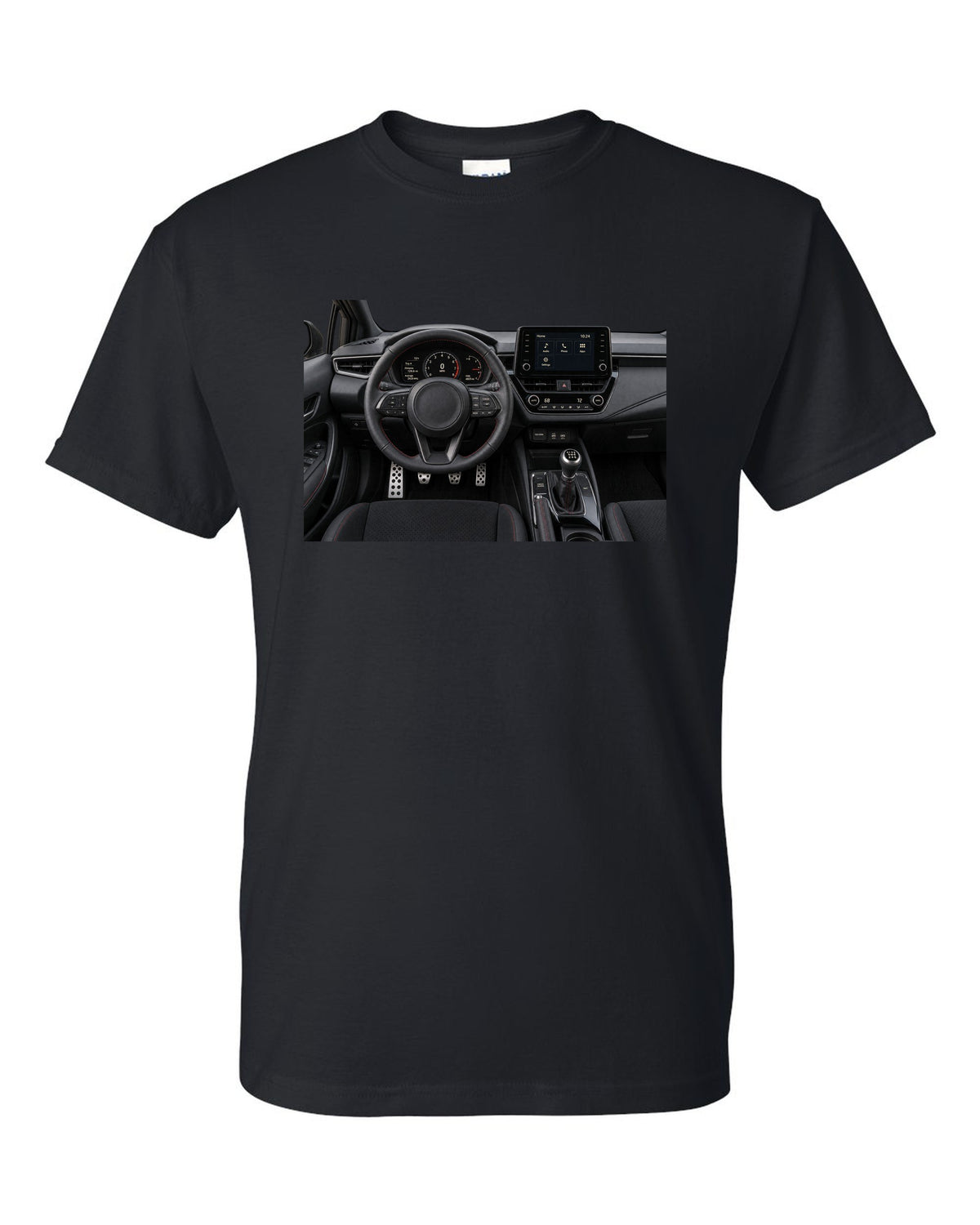 Overhead Toyota GR Yaris G16E-GTS engine bay illustration black t-shirt front view with the design