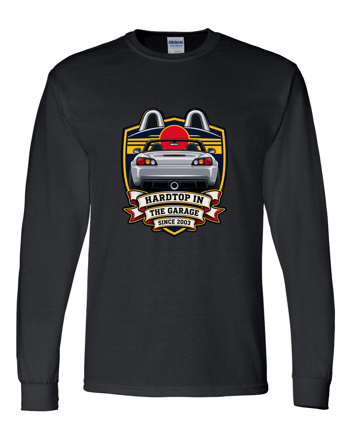 Embroidery patch style print of a 1999 Honda S2000 AP1 roadster with hardtop in the garage text black long sleeve front view with the design