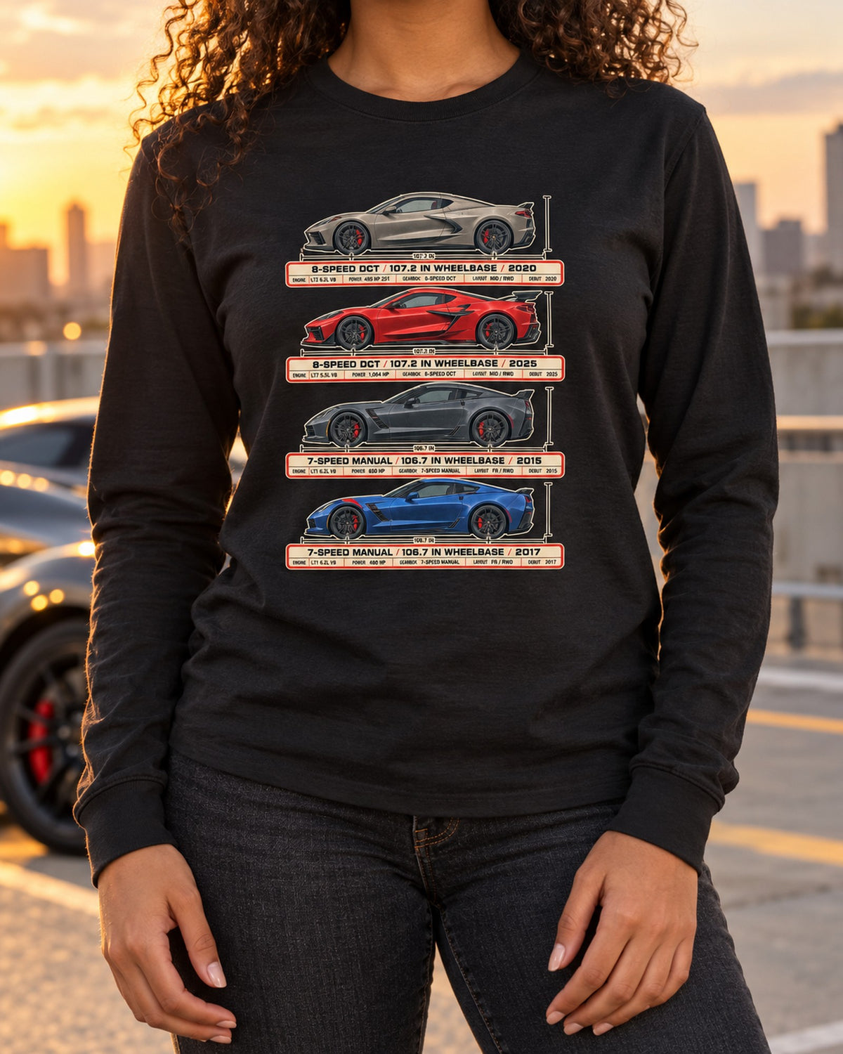 Chevy Corvette C8 Stingray Spec Poster Shirt, 2020 Car Tee Long Sleeve Black worn hero