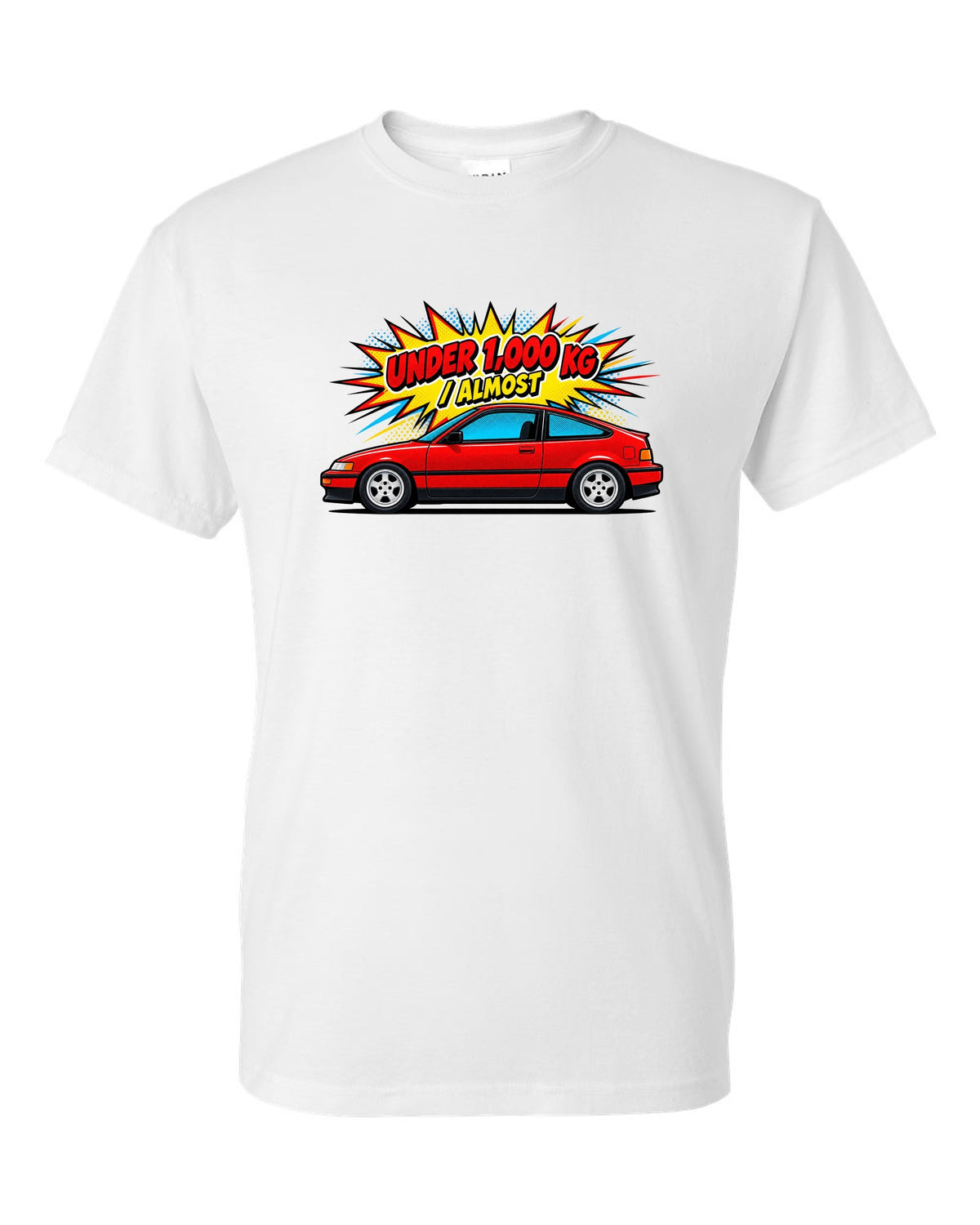 Pop-art Ben-Day halftone print of a Honda CRX EF8 Si with under 1,000 kg almost text white t-shirt front view with the design
