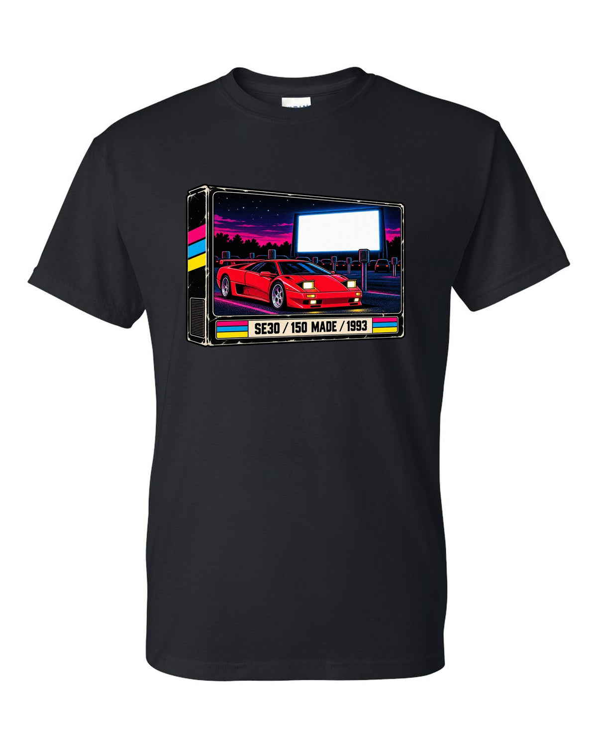 VHS cassette packaging style print of a 1993 Lamborghini Diablo SE30 with 150 made lettering black t-shirt front view with the design