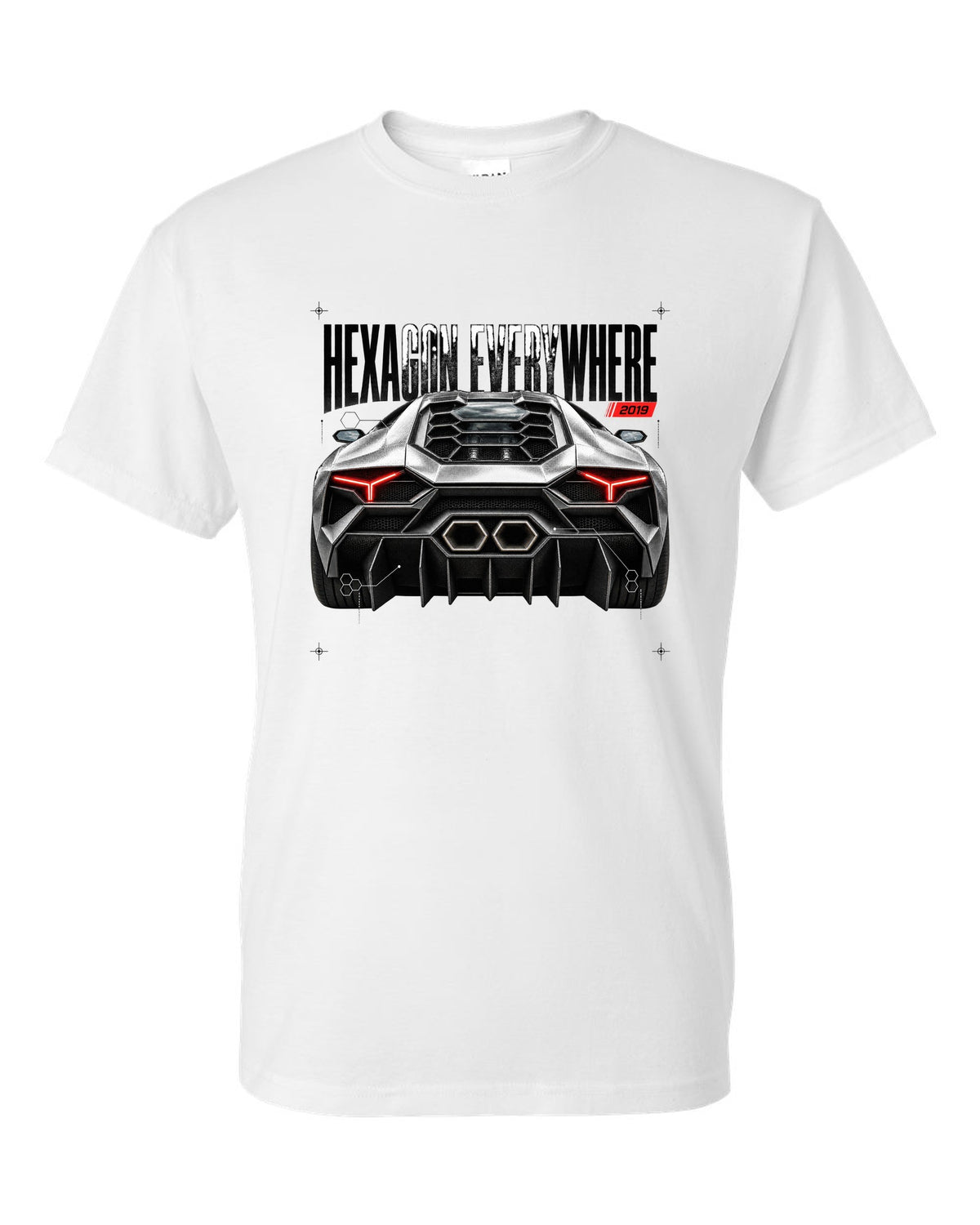Detail macro print of a Lamborghini Huracan Evo LP640-4 with Hexagon Everywhere text white t-shirt front view with the design