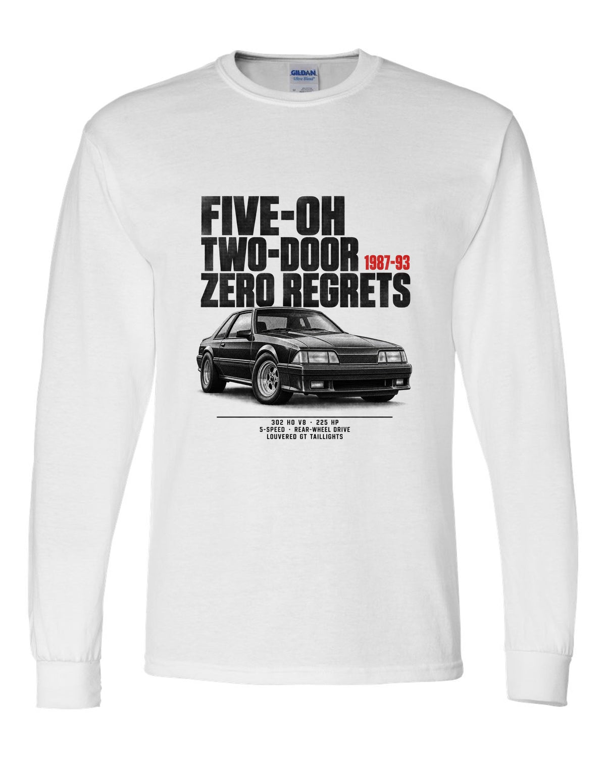 Halftone illustration of a Ford Mustang Fox body notchback with five-oh two-door lettering white long sleeve front view with the design