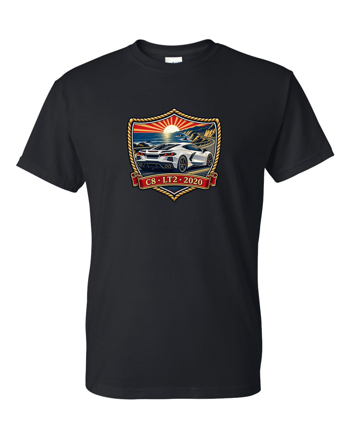 Shield crest design of a 2020 C8 mid-engine Corvette Stingray black t-shirt front view with the design
