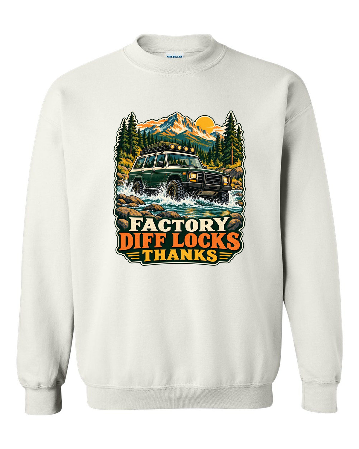 Retro national park poster of a Toyota Land Cruiser FZJ80 crossing a river with diff locks lettering white crewneck front view with the design