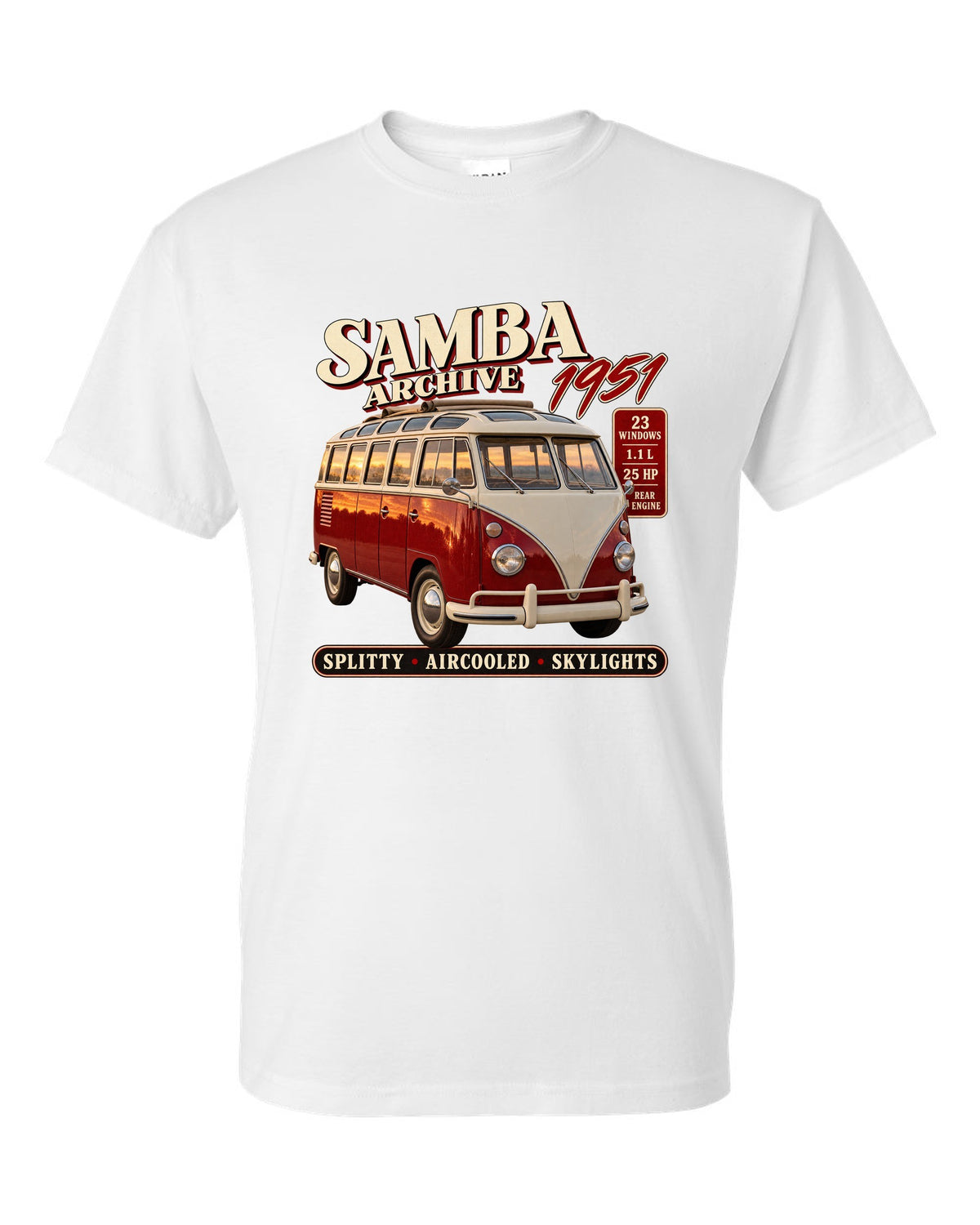 Archive panel print of a VW T1 Samba bus front three-quarter with 23 windows text white t-shirt front view with the design