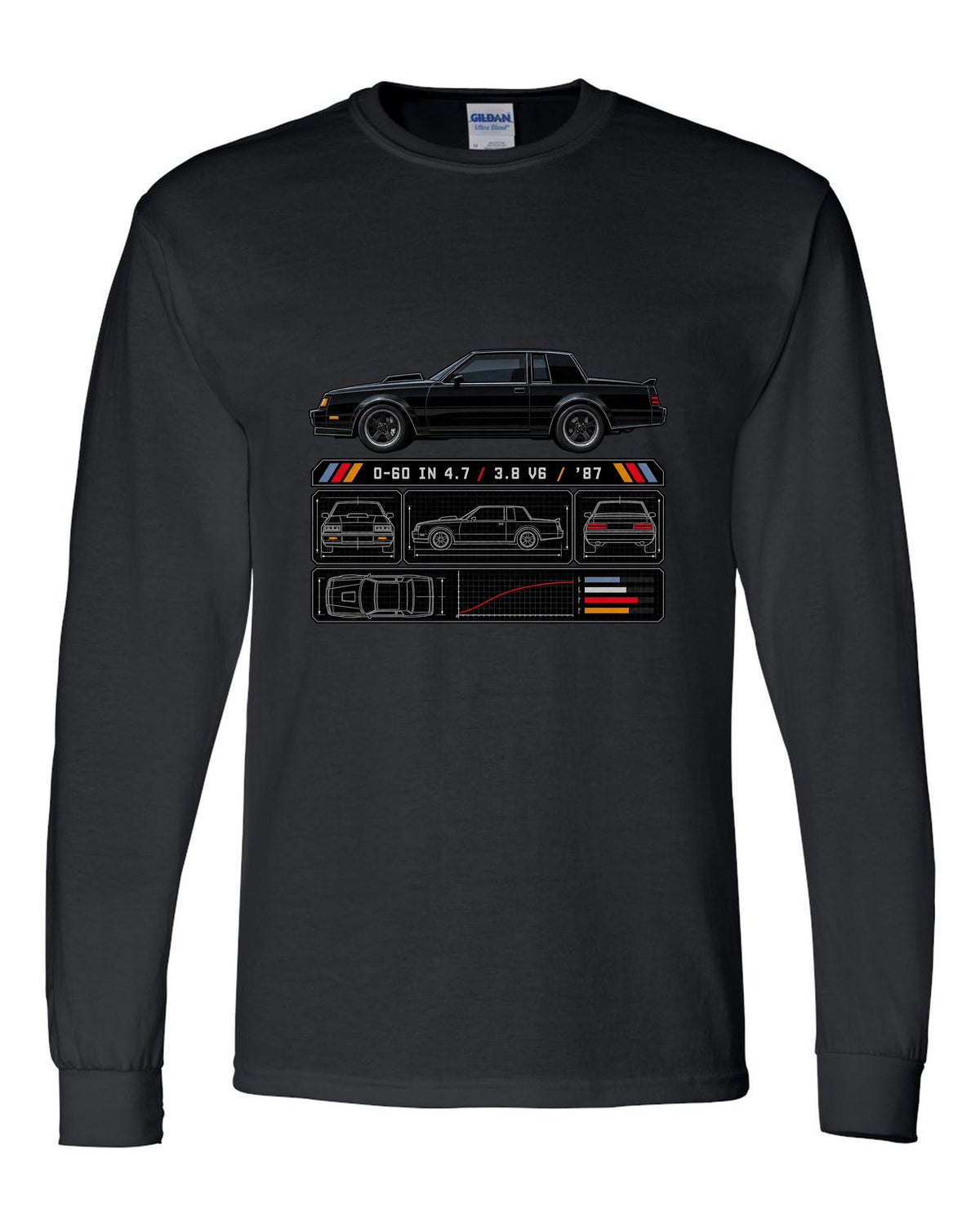 Spec-sheet print for a 1987 Buick Grand National with the text 0-60 in 4.7, 3.8 V6, '87 black long sleeve front view with the design