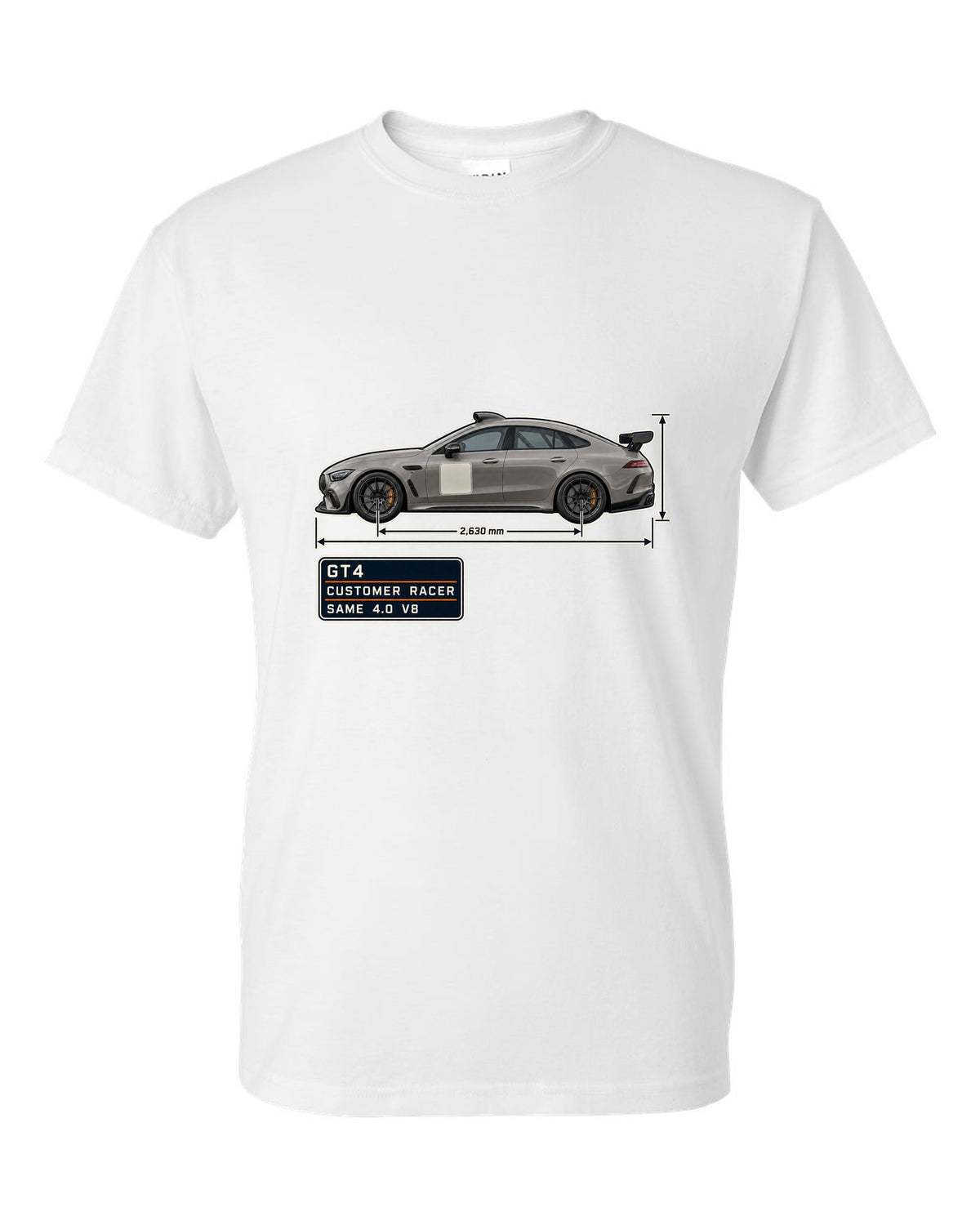 Mercedes-AMG GT4 unliveried spec poster print white t-shirt front view with the design
