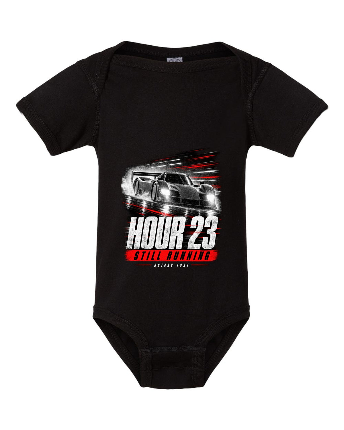 Cropped Mazda 787B race poster reading hour 23 still running rotary 1991 black baby onesie front view with the design