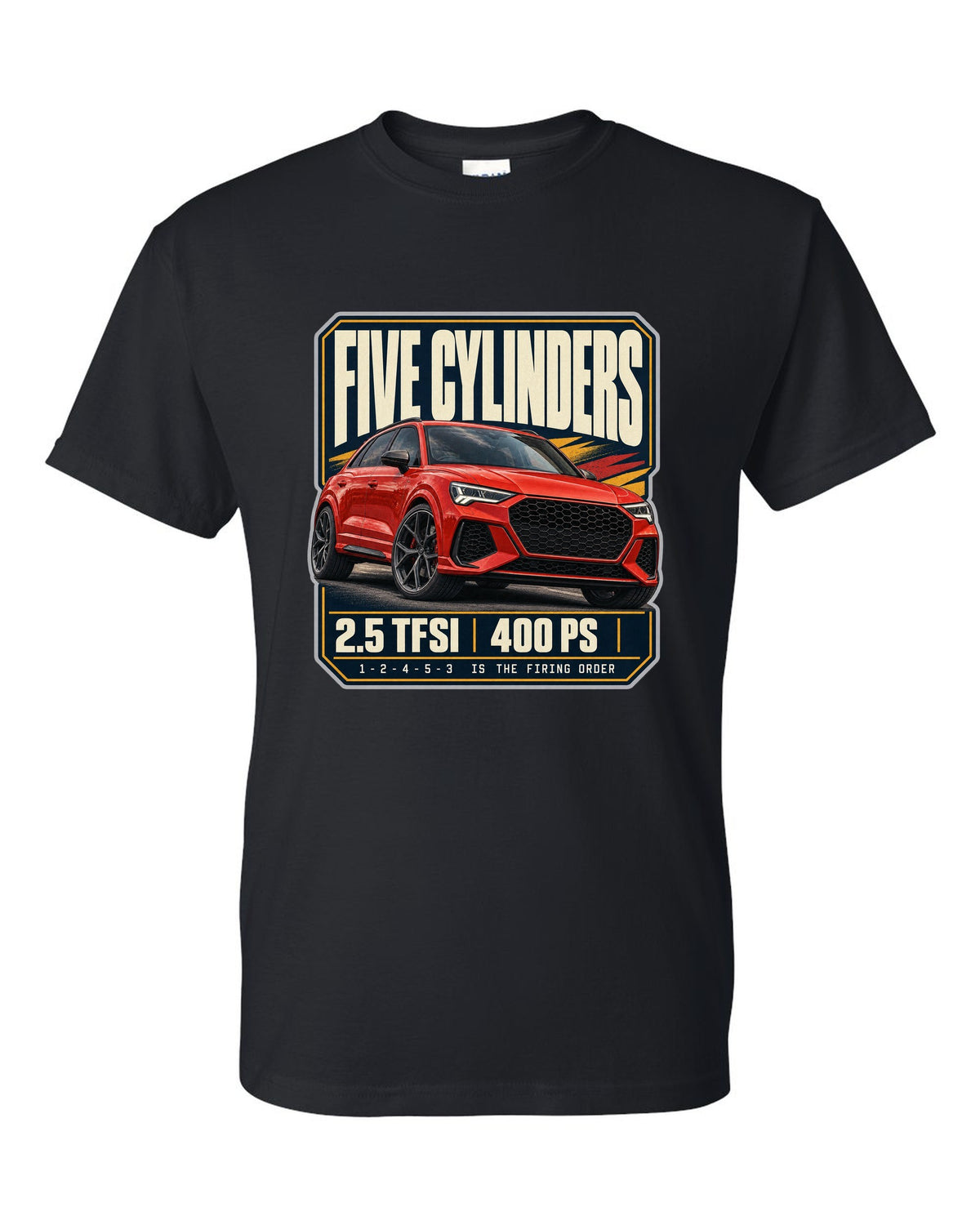 Audi RS Q3 F3 editorial headline print with five-cylinder text black t-shirt front view with the design