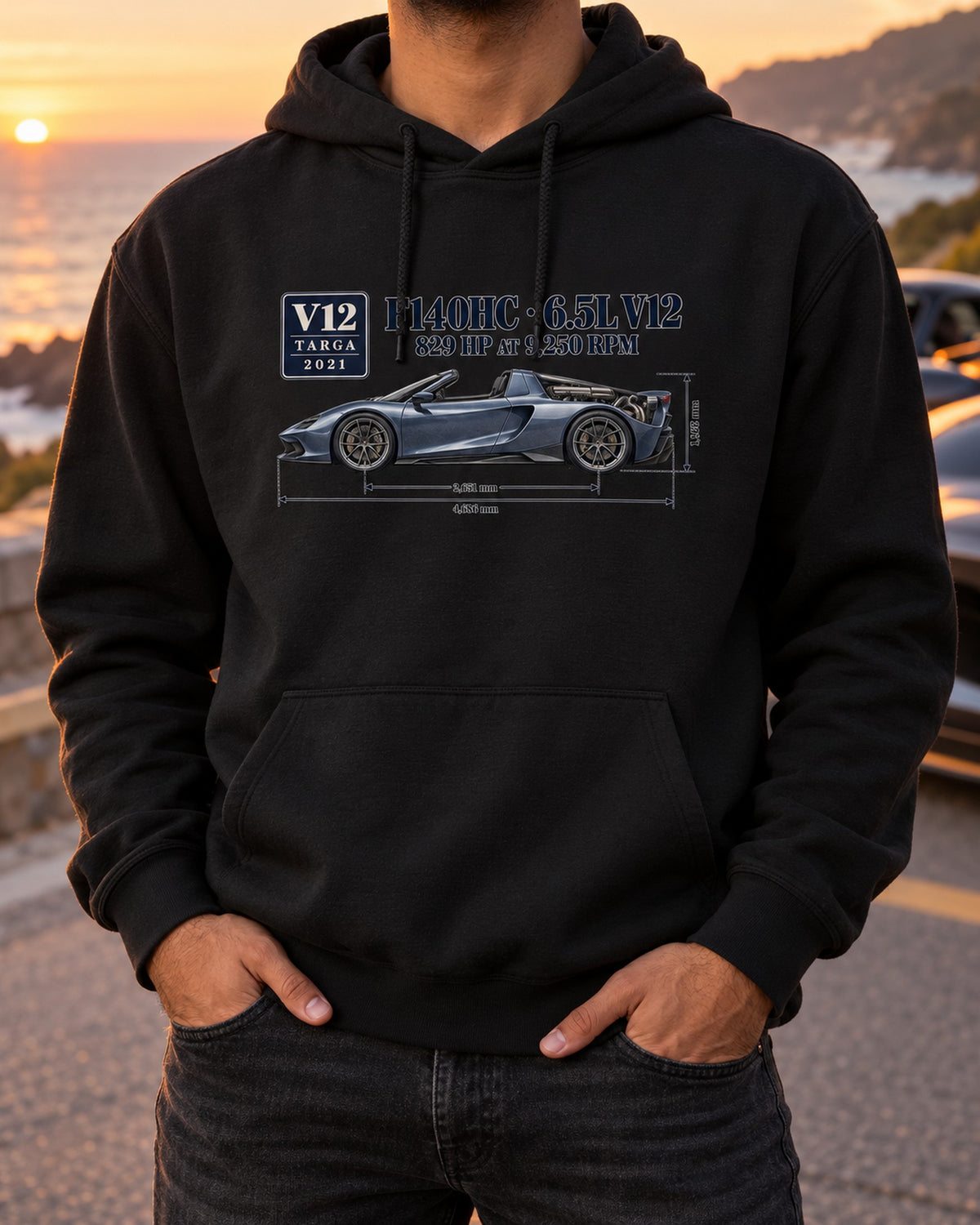 Ferrari Daytona SP3 F140HC Dimension Blueprint Shirt Pull Over Hoodie Black worn hero
