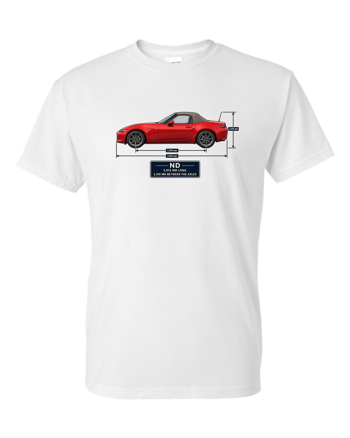 Blueprint-style dimension drawing of a 2016 Mazda MX-5 ND1 soft top in Soul Red white t-shirt front view with the design