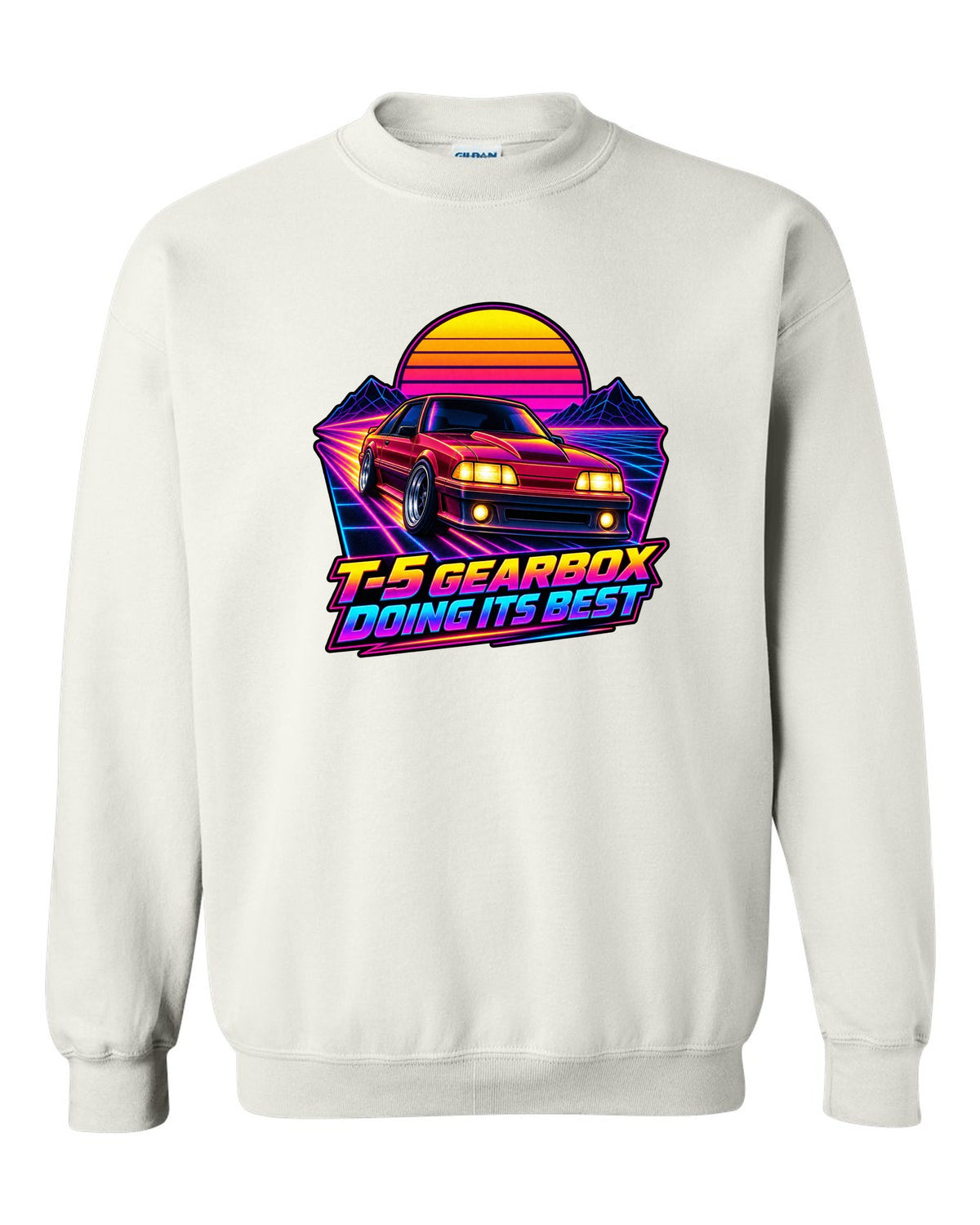 Synthwave sunset grid print of a Ford Mustang Fox Body GT with T-5 gearbox text white crewneck front view with the design