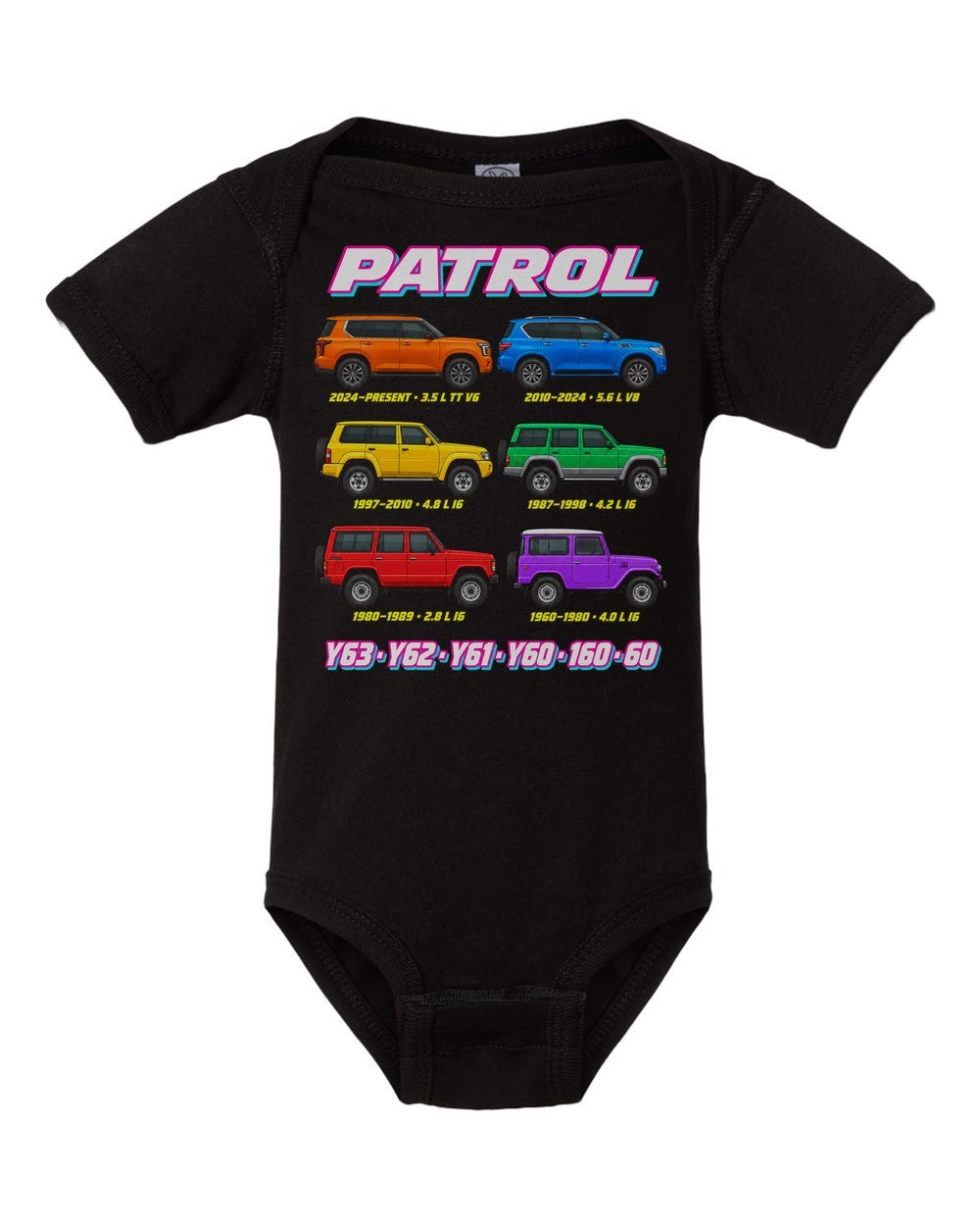 Nissan Patrol evolution poster black baby onesie front view