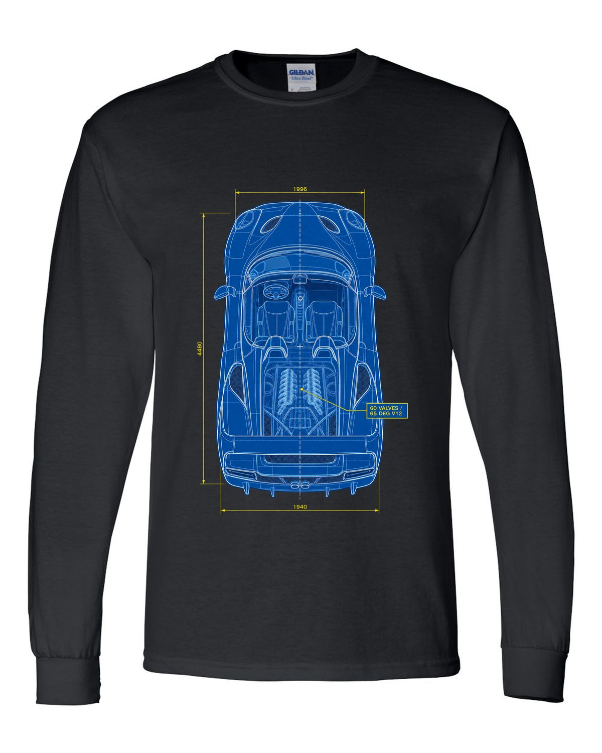 Top-down plan blueprint print of a 1995 Ferrari F50 F130 with 60 valves and 65 degree V12 text black long sleeve front view with the design