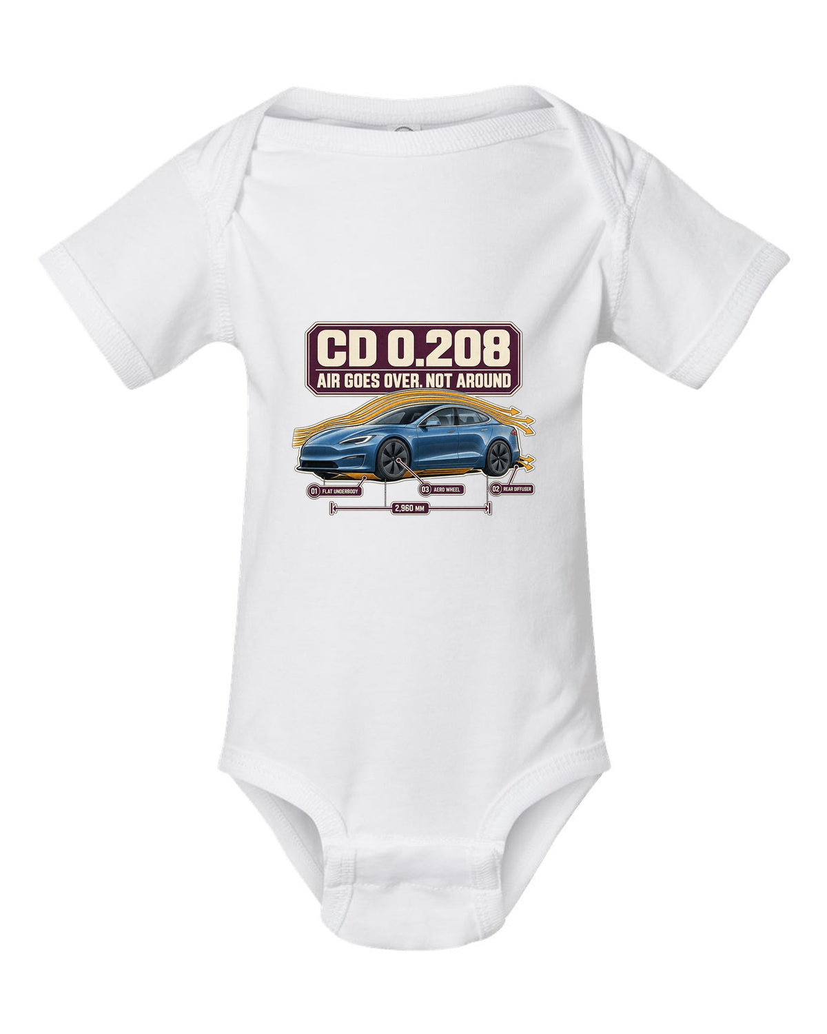 Aero callout print of a Tesla Model S Plaid with drag coefficient 0.208 white baby onesie front view with the design