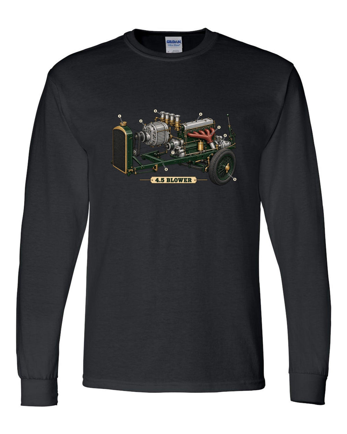 Exploded view diagram of the 1929 Bentley 4.5 Litre Blower supercharged engine with 4.5 BLOWER lettering black long sleeve front view with the design