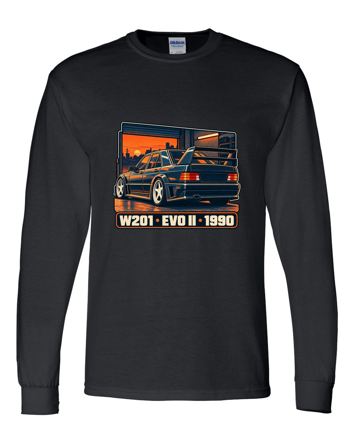 Risograph two-colour halftone print of a Mercedes-Benz 190E Evo II W201 in a garage at dusk black long sleeve front view with the design