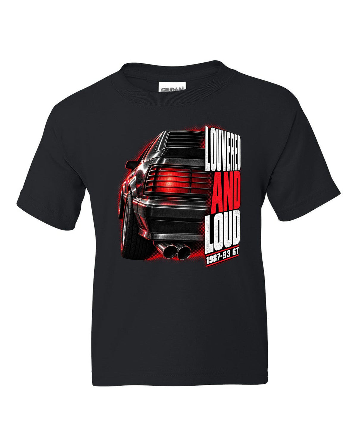 Macro print of a Ford Mustang Fox Body GT louvered taillight, 1987-93 black kids tee front view with the design