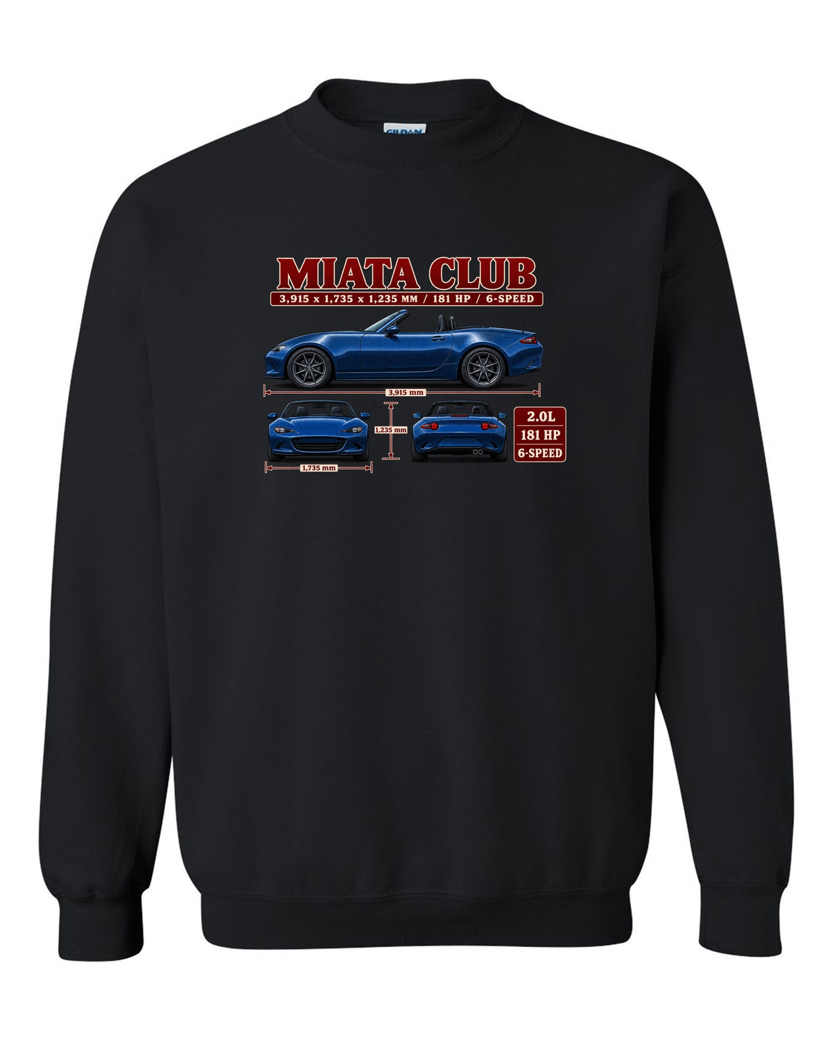 Three-view drawing and spec table of a 2019 Mazda MX-5 ND Club in Eternal Blue black crewneck front view with the design