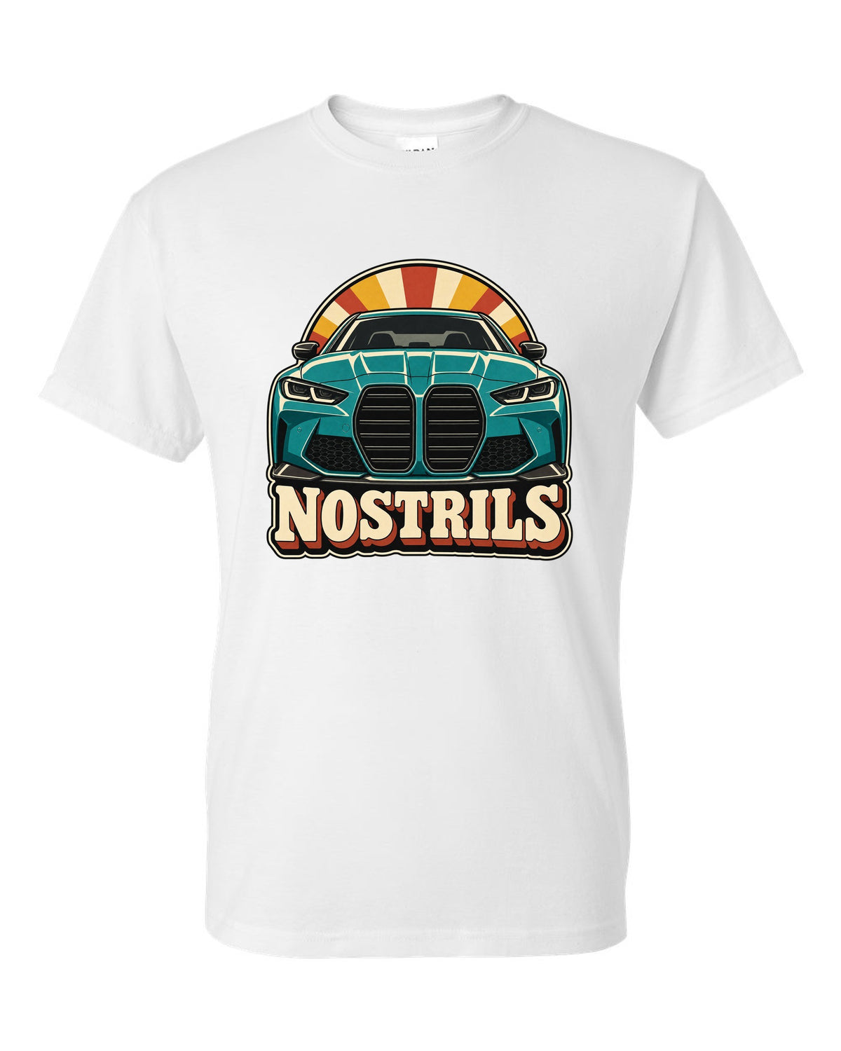 BMW G80 M3 retro catalogue ad style print with Nostrils text white t-shirt front view with the design