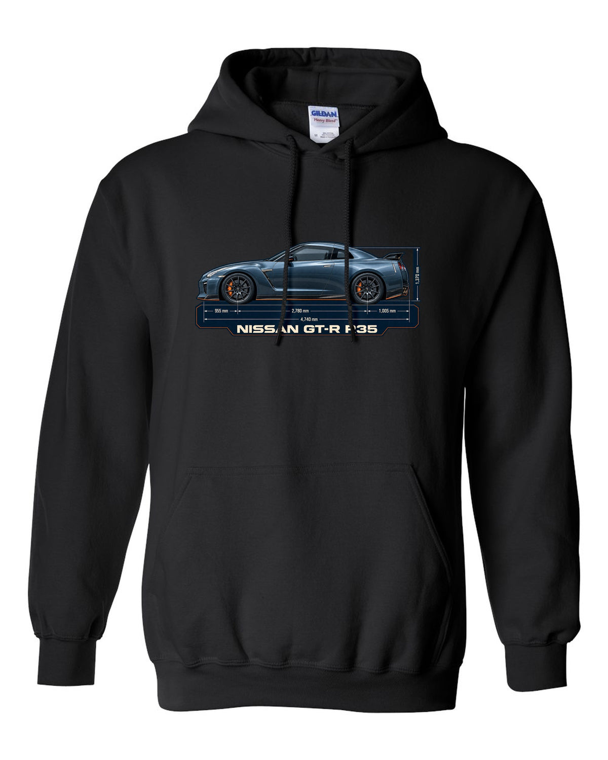 Nissan Z RZ34 Performance dimension blueprint in graphite blue black pull over hoodie front view with the design