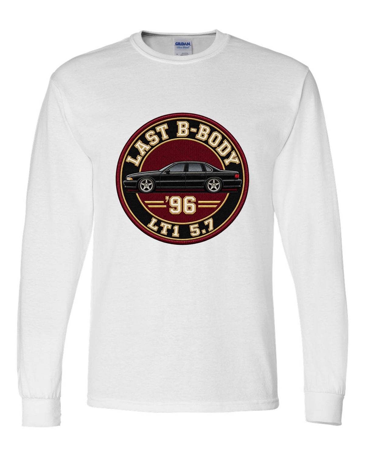 Varsity crest print for the 1996 Chevrolet Impala SS reading Last B-Body, '96, LT1 5.7 white long sleeve front view with the design