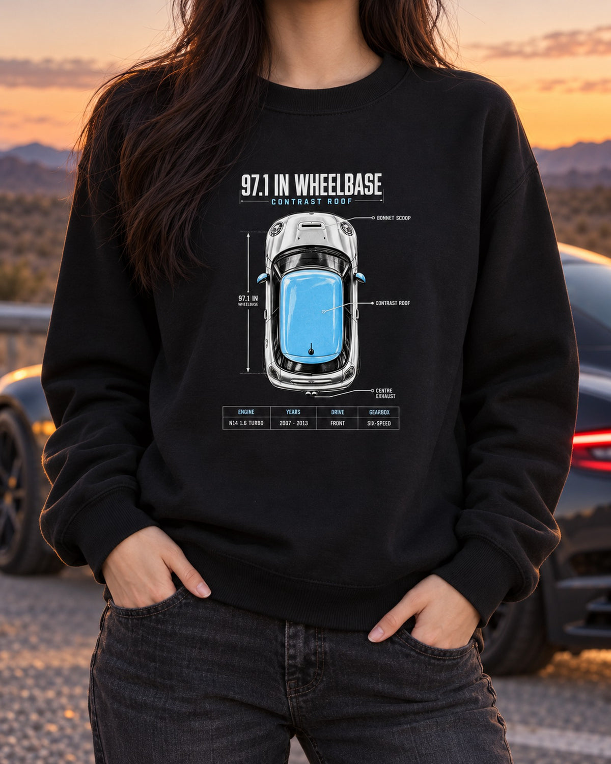 Mini Cooper S R56 Top-Down Spec Poster Tee, Contrast Roof Crewneck Black worn hero