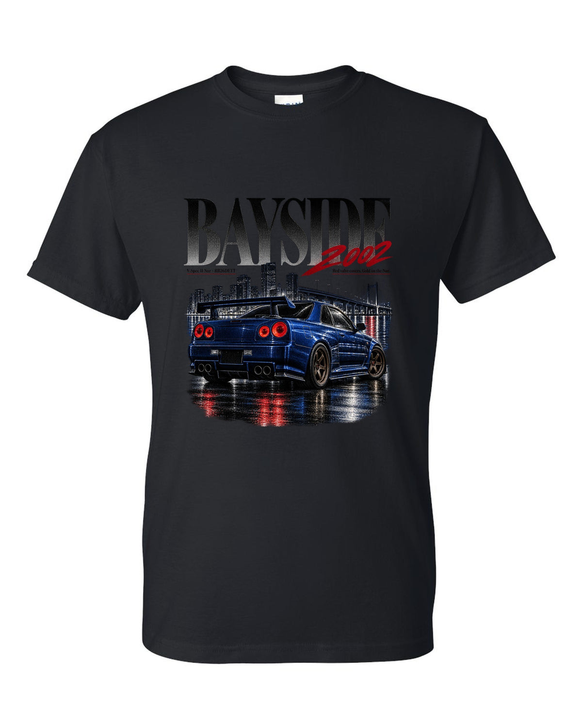 Editorial print of a Nissan Skyline GT-R R34 V-Spec II Nur rear with RB26DETT text black t-shirt front view with the design