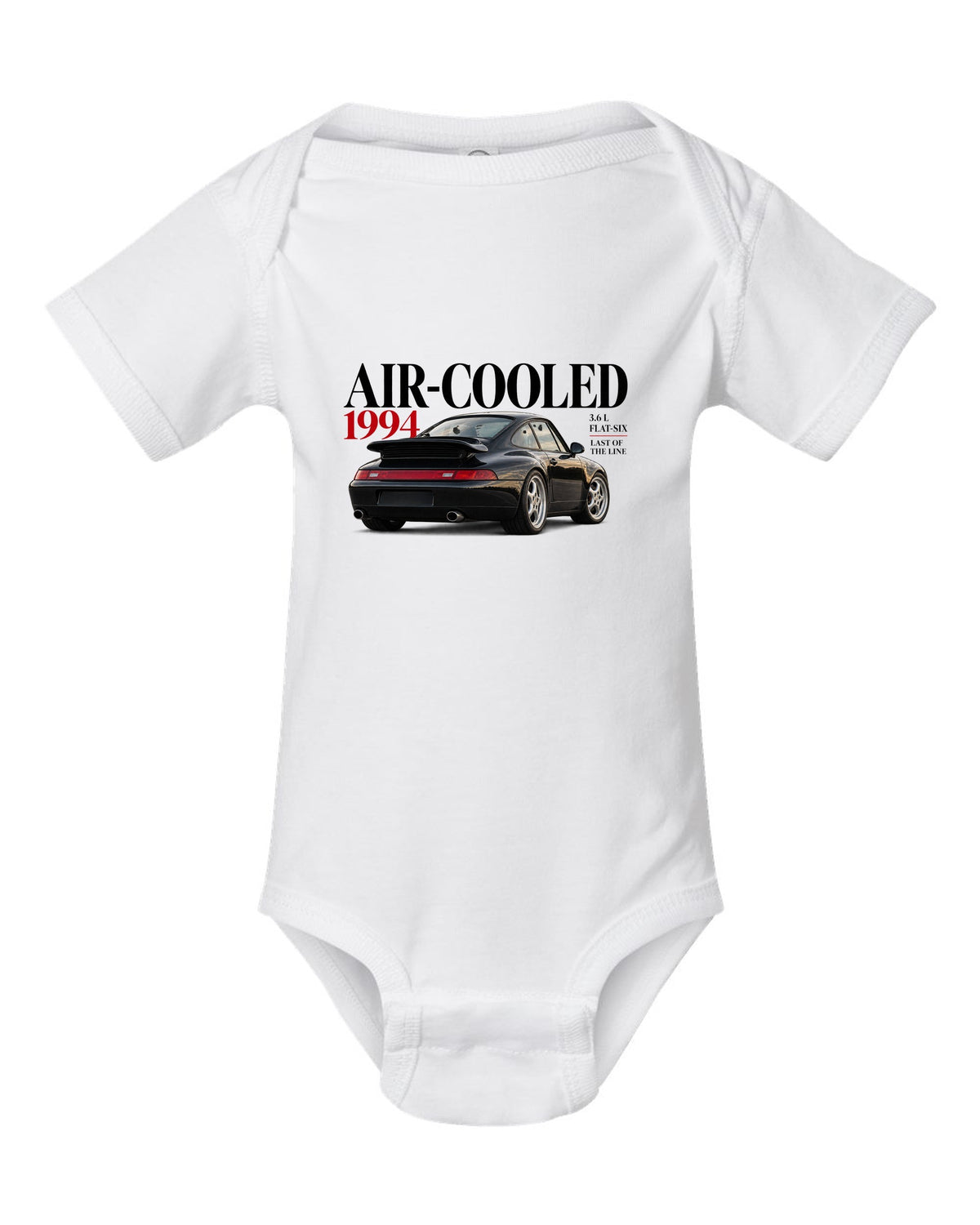 Editorial print of a Porsche 911 993 Carrera coupe with Air-Cooled 1994 3.6 L flat-six lettering white baby onesie front view with the design