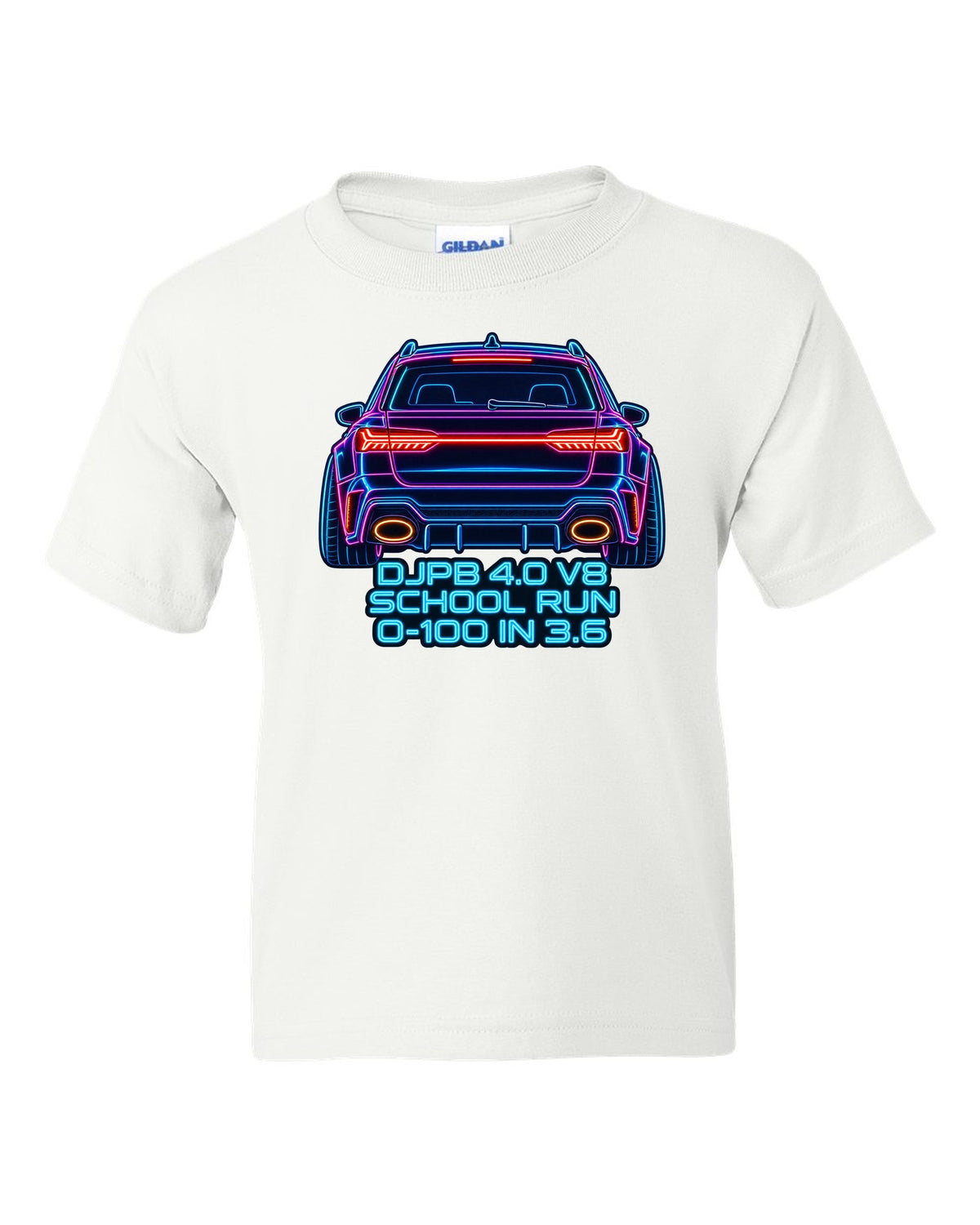 Neon sign line art design of the Audi RS6 Avant C8 with school run and 0-100 in 3.6 lettering white kids tee front view with the design