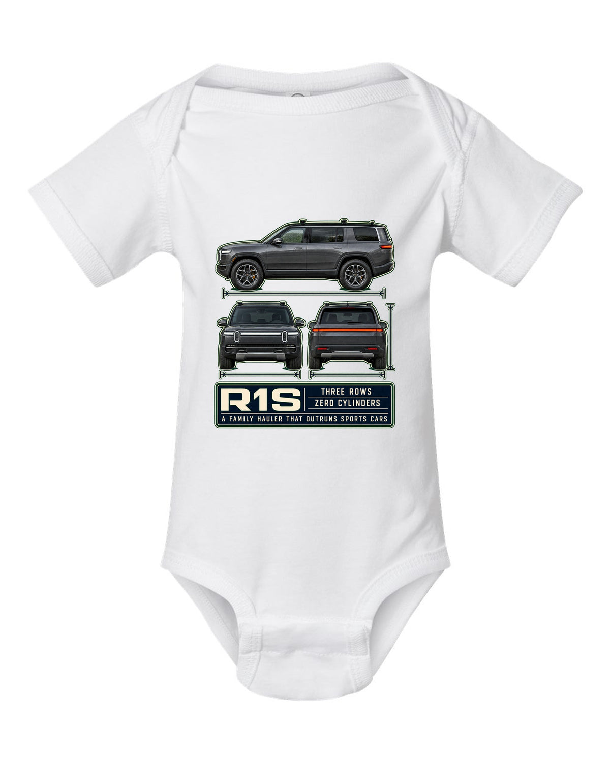 Three-view drawing with spec table print of the Rivian R1S seven-seat electric SUV white baby onesie front view with the design