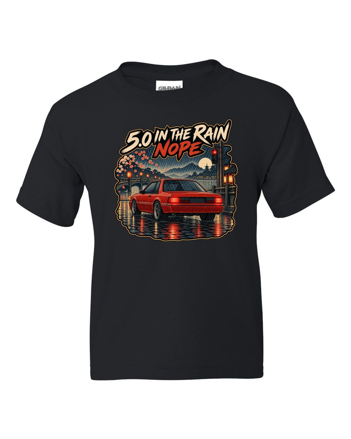 Woodblock style 1990 Ford Mustang Fox Body notchback in rain with 5.0 caption black kids tee front view with the design