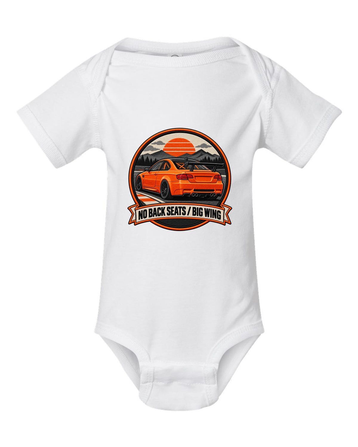 BMW E92 M3 GTS crest print with no back seats big wing text white baby onesie front view with the design