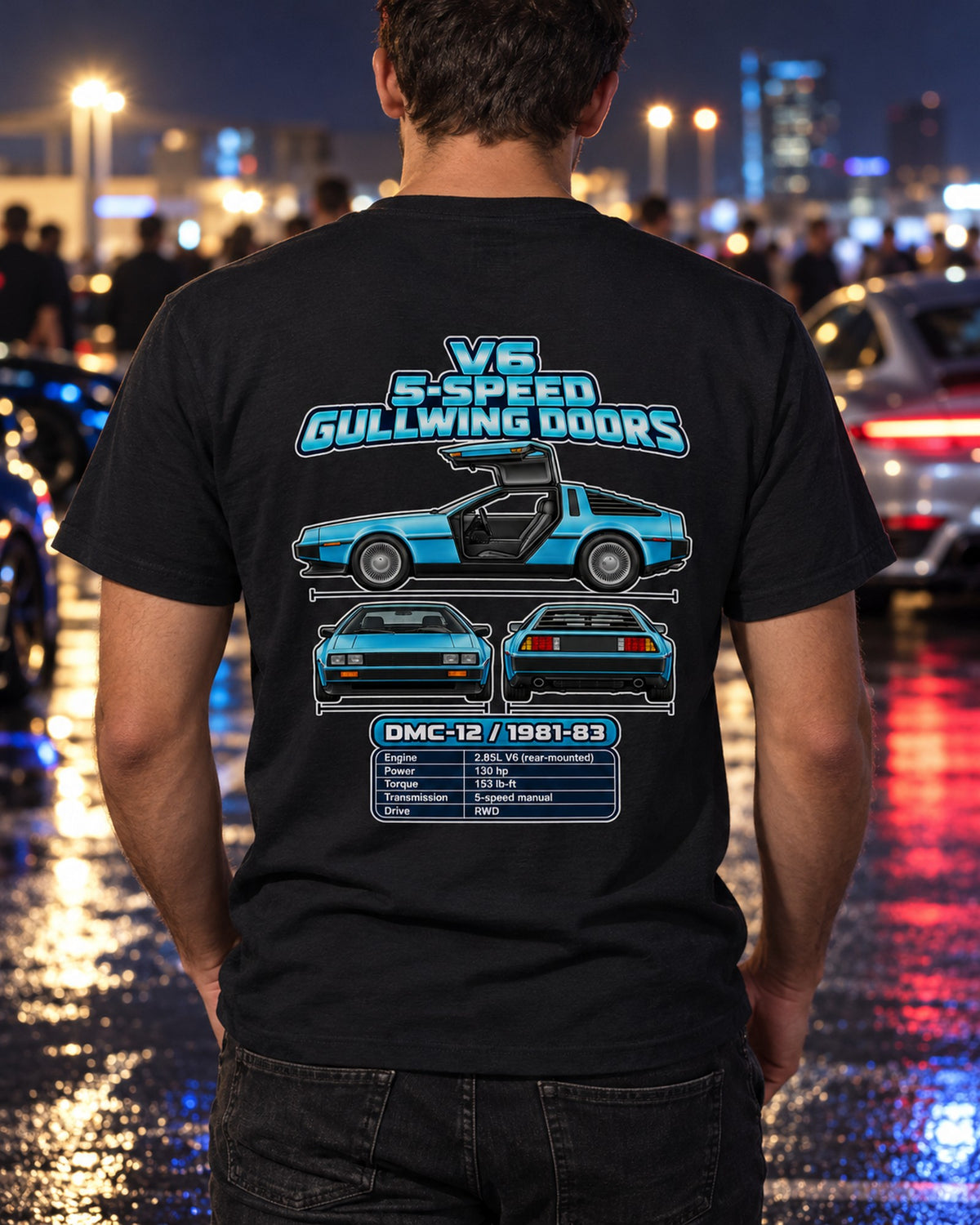 Delorean Dmc 12 Spec Sheet Full-Back Graphic Tee T-Shirt Black worn hero