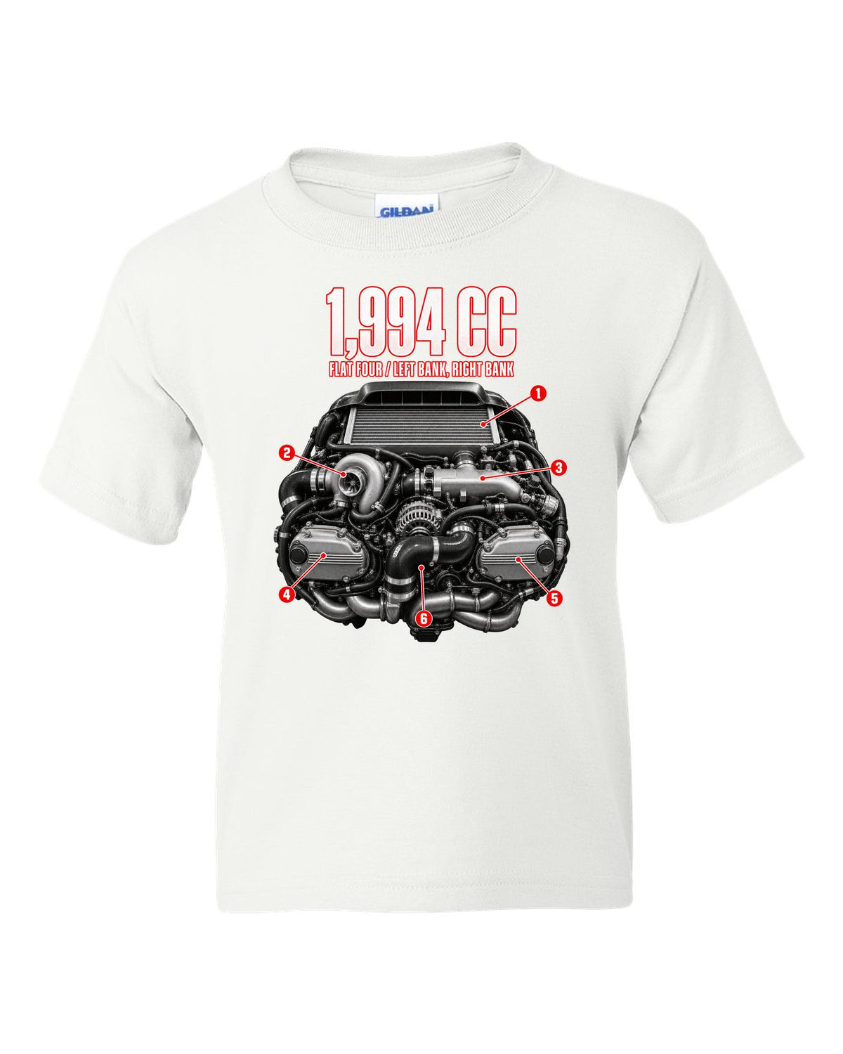 Subaru EJ20K flat-four boxer engine anatomy illustration from a GC8 WRX white kids tee front view with the design