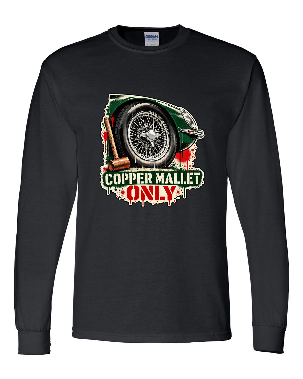 Spray stencil street art print of a Jaguar E-Type Series 1 wire wheel with copper mallet lettering black long sleeve front view with the design