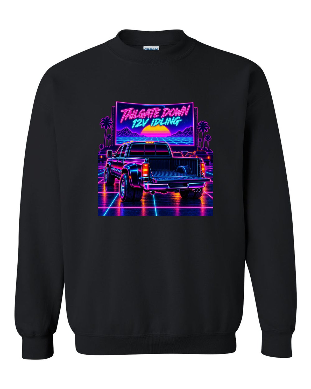 Neon synthwave drive-in print of a 1994-1998 Dodge Ram 2500 12V Cummins with tailgate down black crewneck front view with the design