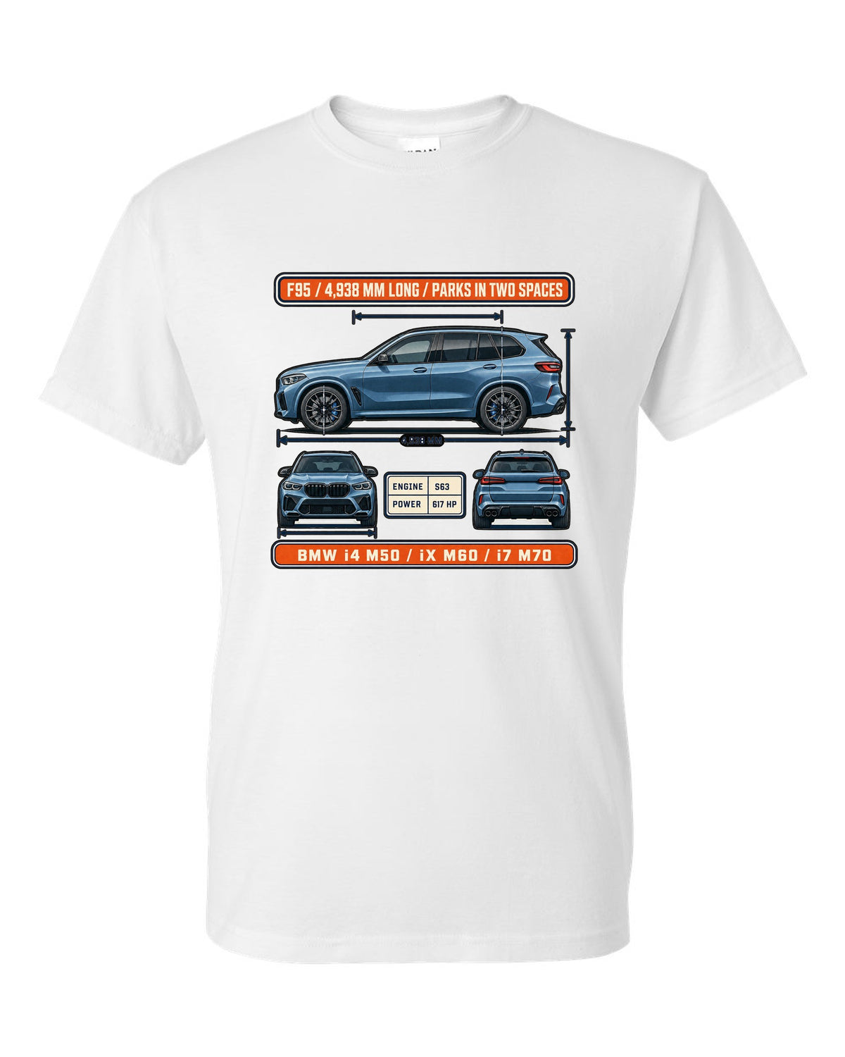Dimension blueprint print of the BMW X5 M Competition F95 with 4,938 mm length white t-shirt front view with the design