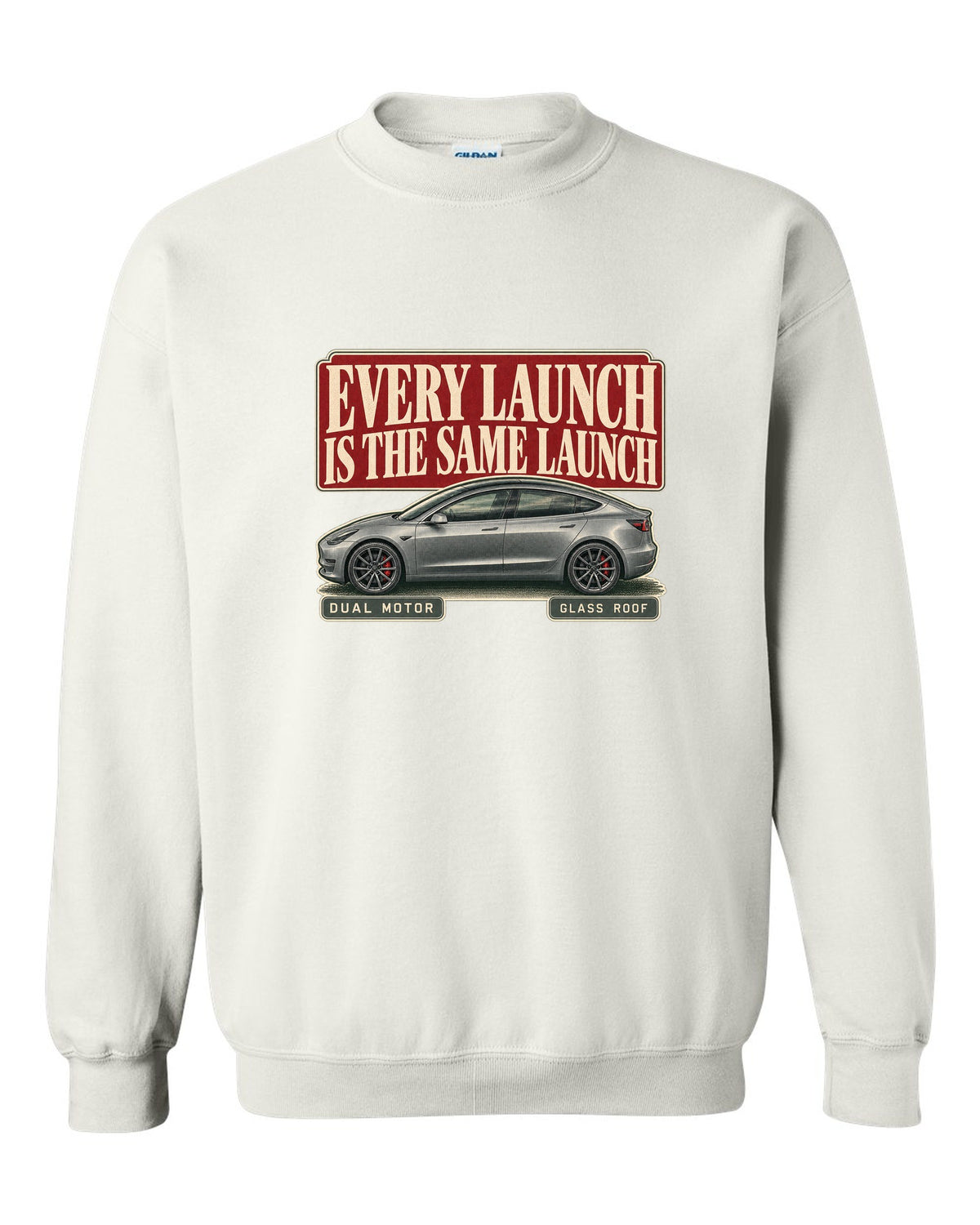 Tesla Model 3 Performance Editorial Headline Tee, 2018-2023 white crewneck front view with the design