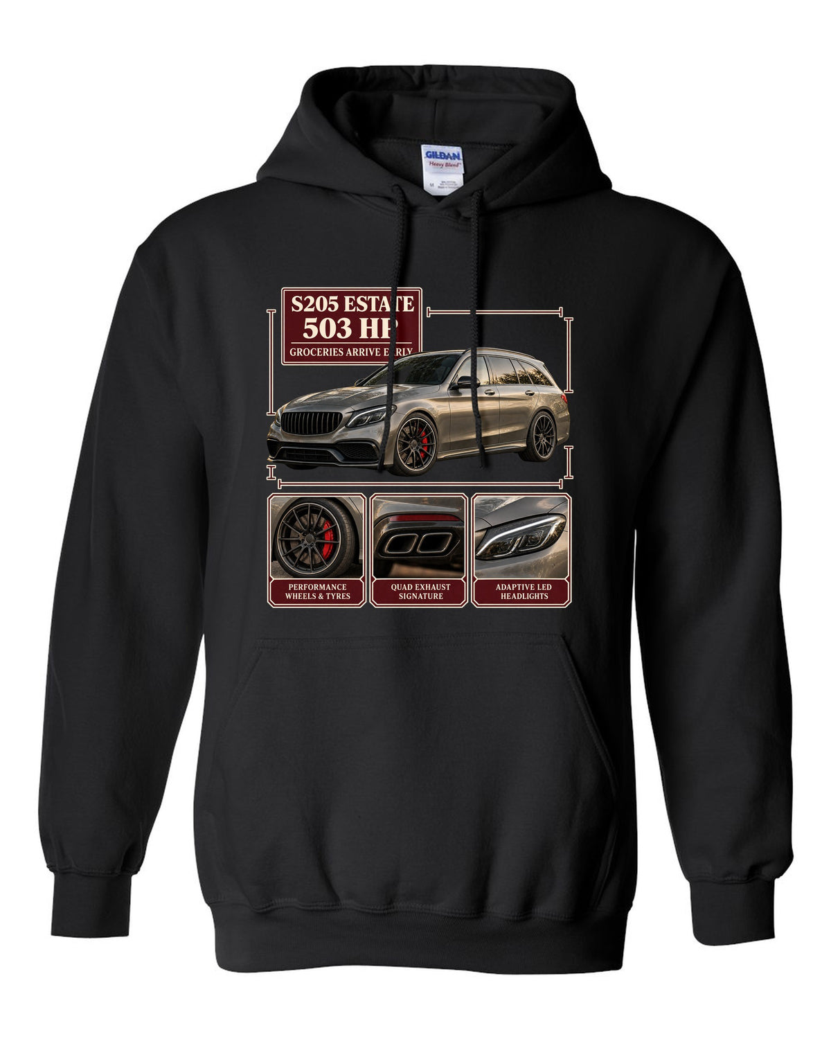 Mercedes-AMG C63 S Estate S205 dossier panel design in warm grey black pull over hoodie front view with the design
