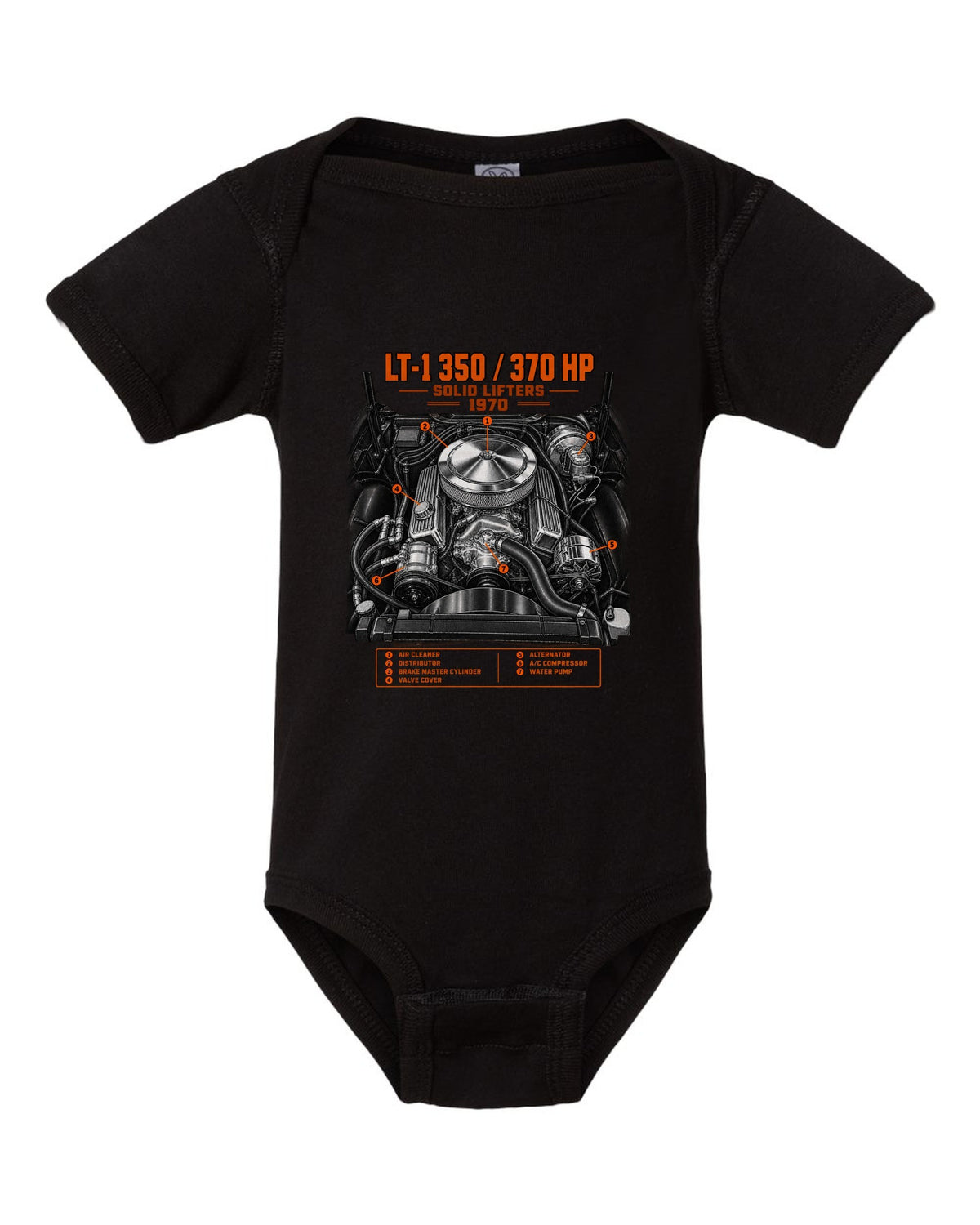 Chevrolet Corvette C3 Stingray 1970 LT-1 350 engine print black baby onesie front view with the design